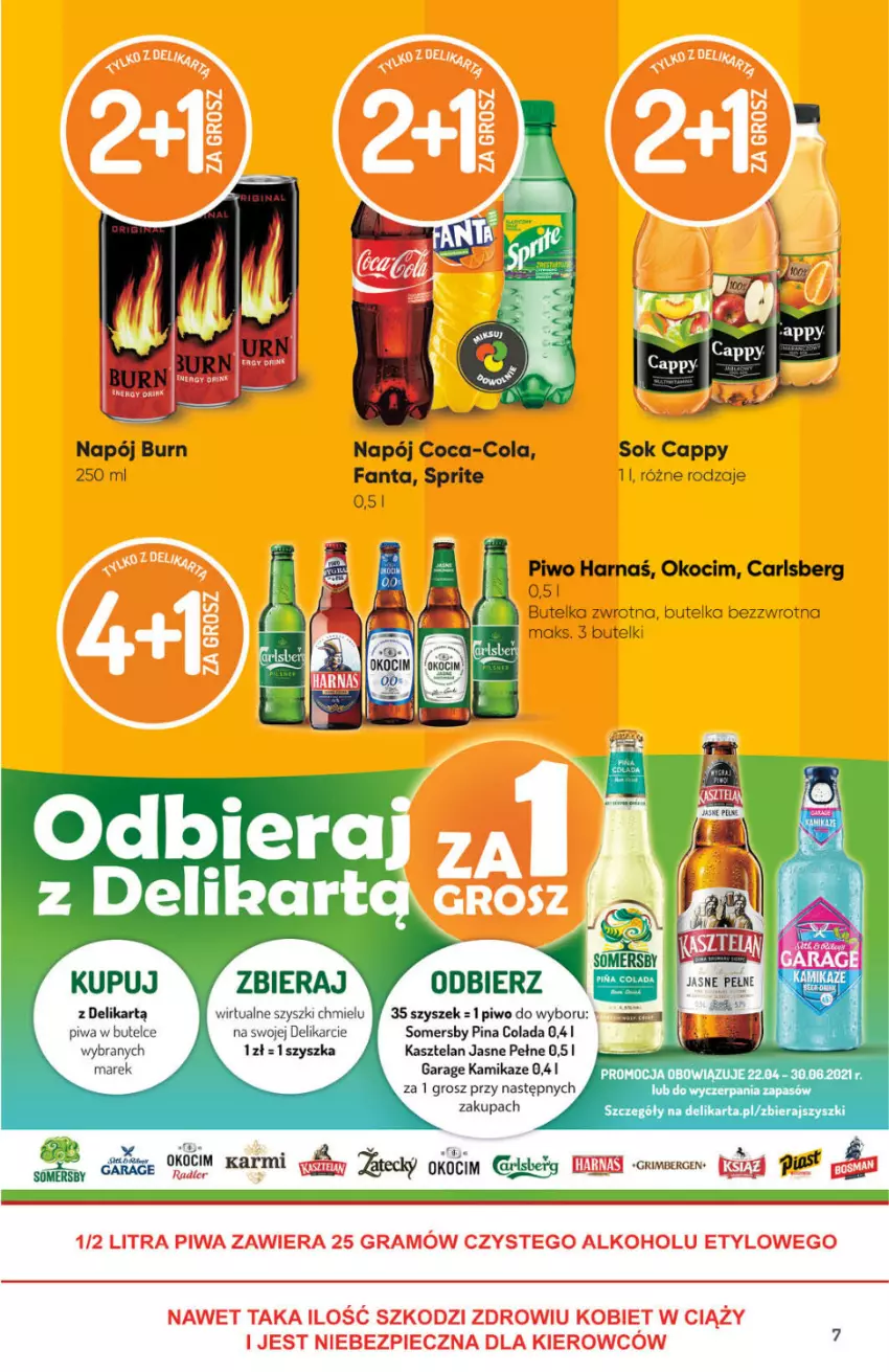 Gazetka promocyjna Delikatesy Centrum - Gazetka Delikatesy Centrum - ważna 22.04 do 28.04.2021 - strona 7 - produkty: Cappy, Carlsberg, Coca-Cola, Fa, Fanta, Harnaś, Kasztelan, Koc, Napój, Okocim, Piwa, Piwo, Sok, Somersby, Sprite