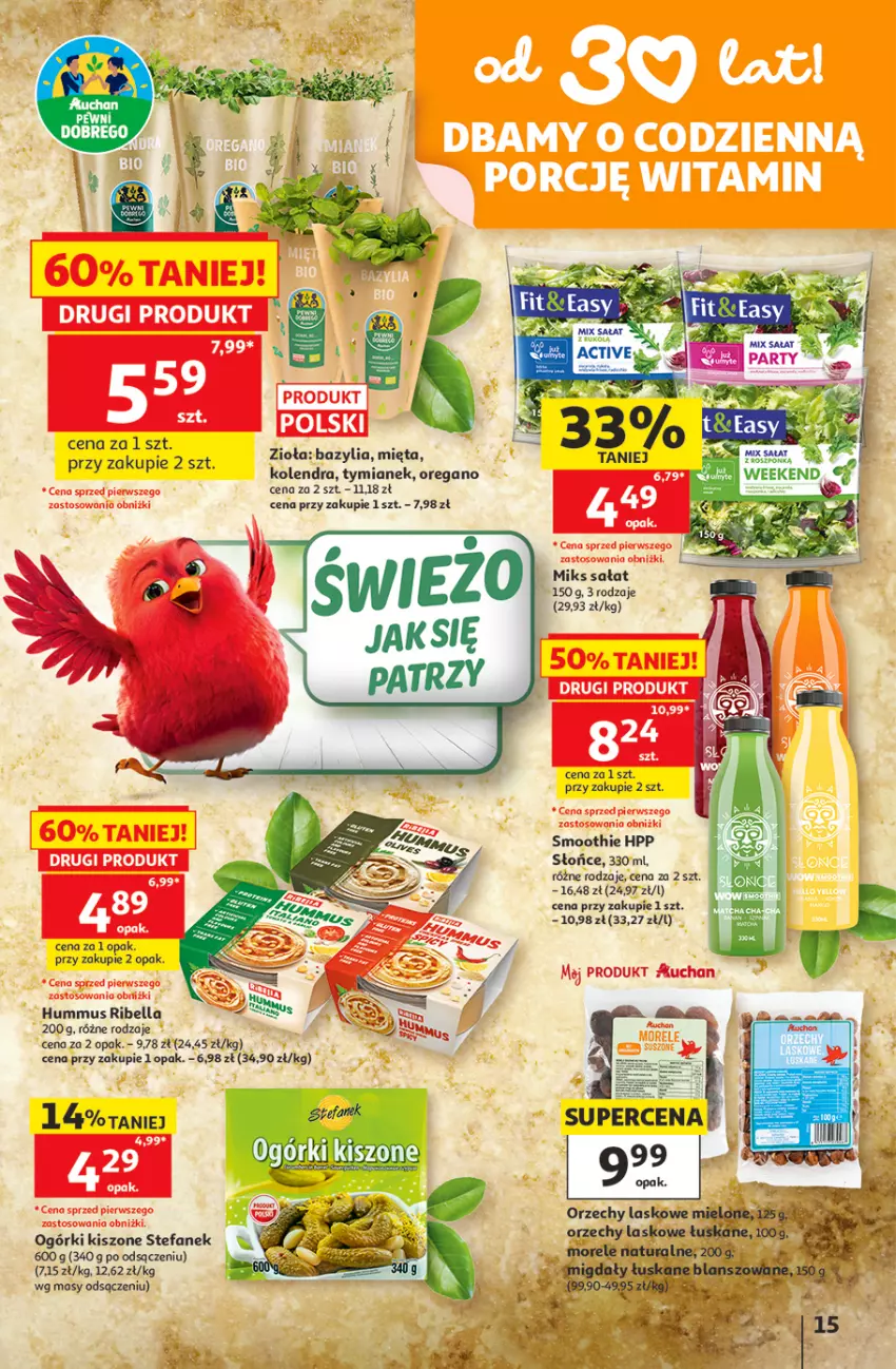 Gazetka promocyjna Auchan - Gazetka 30 Lat Hipermarket Auchan - ważna 11.06 do 17.06.2026 - strona 15 - produkty: Bazyl, Bazylia, Bell, Bella, Fa, HP, Hummus, Kolendra, Mięta, Mus, Sałat, Smoothie
