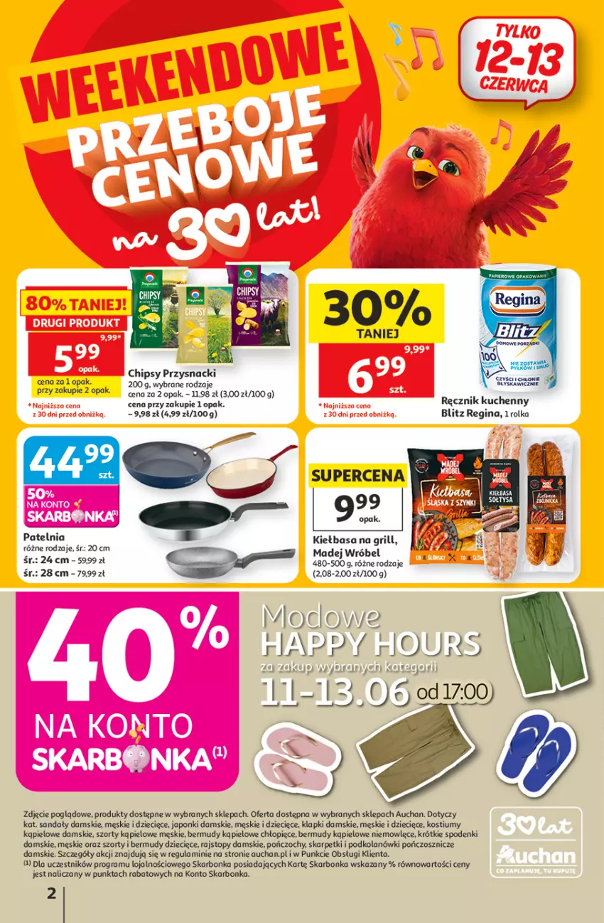 Gazetka promocyjna Auchan - Gazetka 30 Lat Hipermarket Auchan - ważna 11.06 do 17.06.2026 - strona 2 - produkty: Bermudy, Chipsy, Dzieci, Gin, Gra, Grill, Karp, Kiełbasa, Klapki, Kostium, LEGO, Madej Wróbel, Patelnia, Pończochy, Przysnacki, Rajstopy, Sandał, Skarpetki, Szorty, Top, Znicz