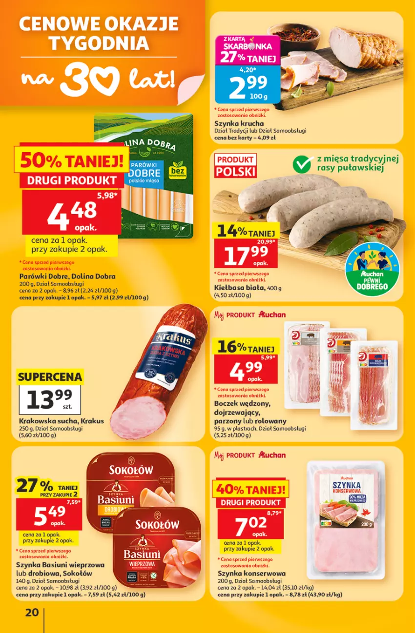 Gazetka promocyjna Auchan - Gazetka 30 Lat Hipermarket Auchan - ważna 11.06 do 17.06.2026 - strona 20 - produkty: Boczek, Kiełbasa, Kiełbasa biała, Krakus, Parówki, Ser, Sok, Sokołów, Szynka, Szynka konserwowa