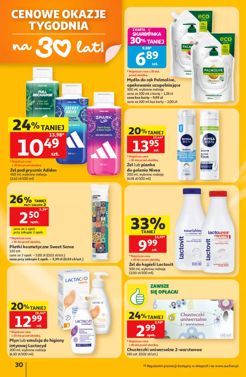 Gazetka promocyjna Auchan - Gazetka 30 Lat Hipermarket Auchan - ważna 11.06 do 17.06.2026 - strona 30 - produkty: Adidas, Chusteczki, Emulsja, Lack, Lactacyd, Mydło, Nivea, Palmolive, Płatki kosmetyczne