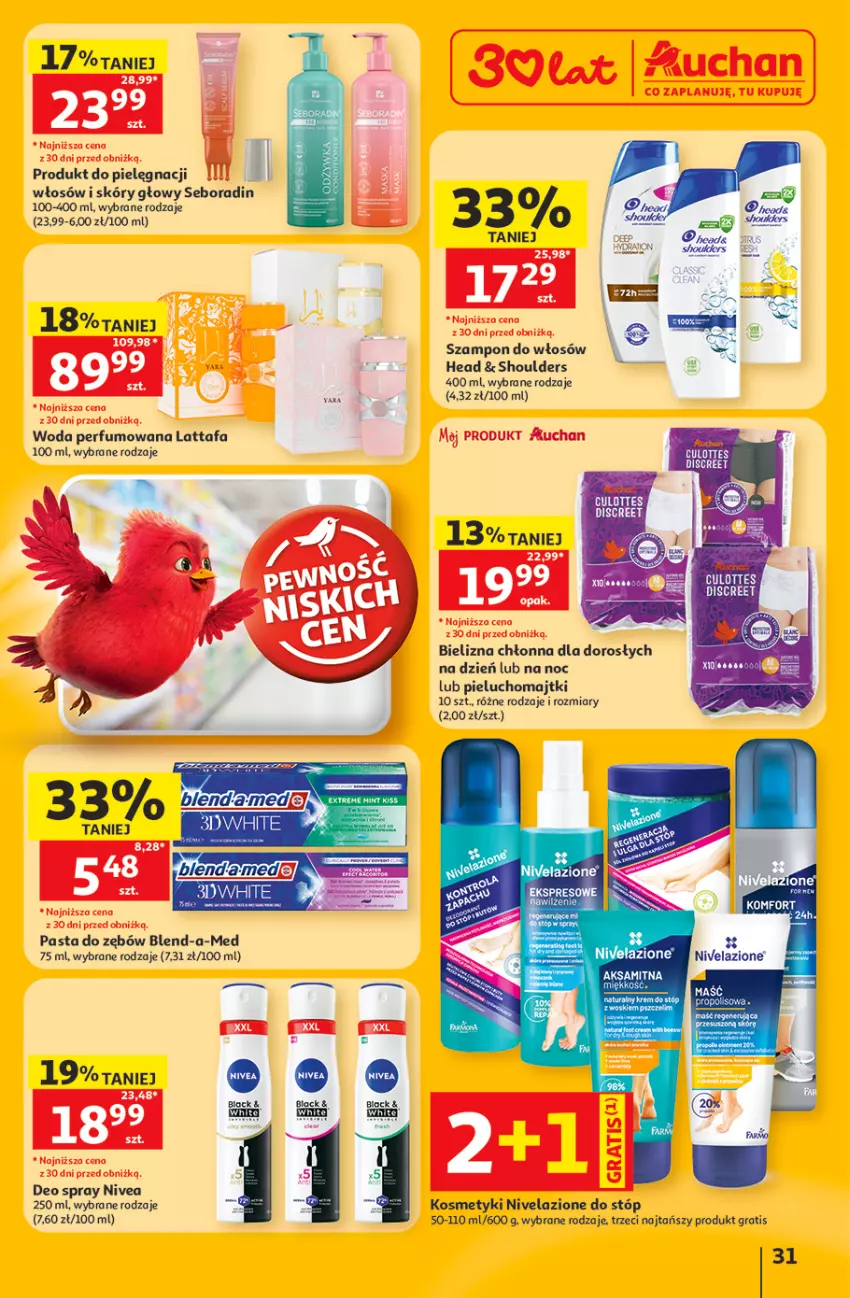 Gazetka promocyjna Auchan - Gazetka 30 Lat Hipermarket Auchan - ważna 11.06 do 17.06.2026 - strona 31 - produkty: Aksam, Bielizna, Blend-a-Med, Fa, Gra, Majtki, Nivea, Nivelazione, Pasta do zębów, Perfum, Pieluchomajtki, Seboradin, Szampon, Woda, Woda perfumowana