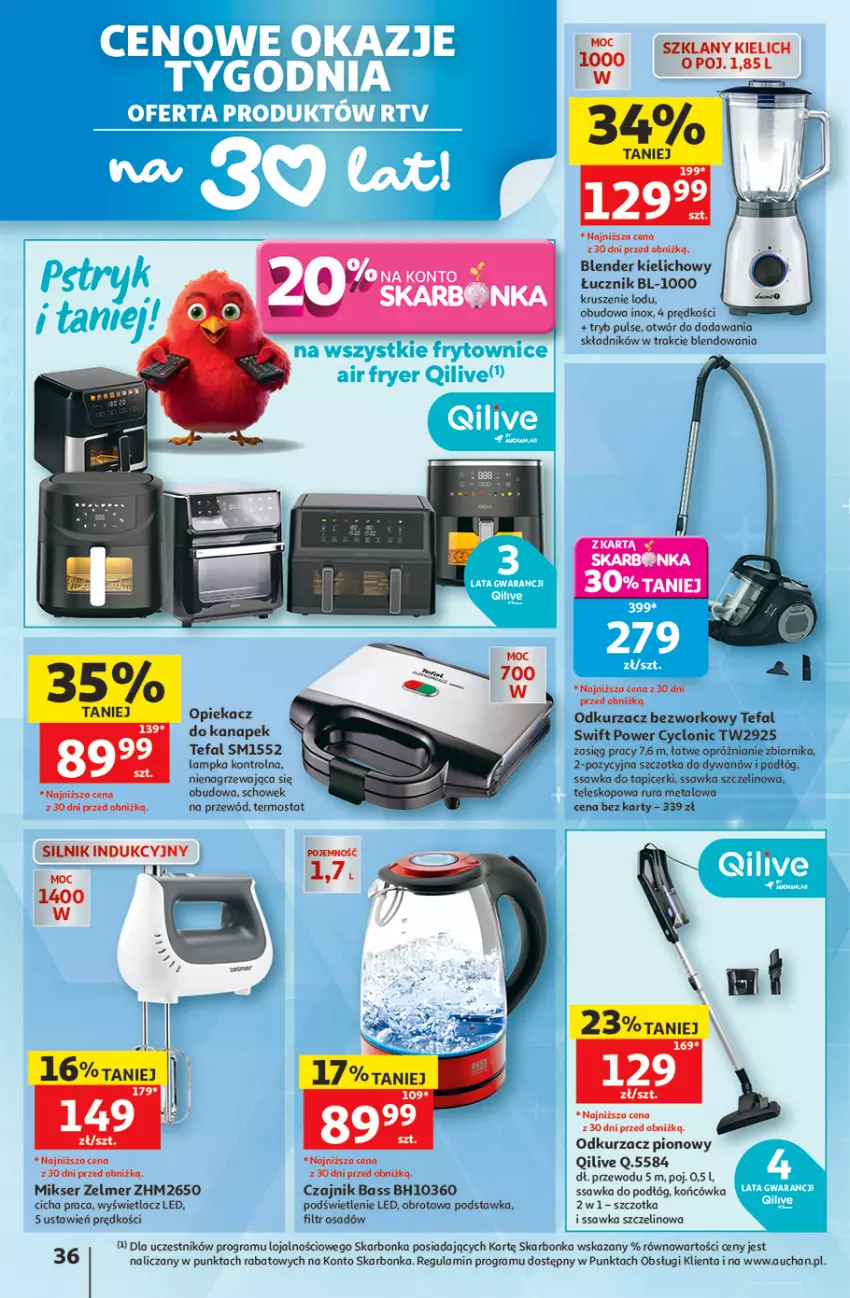 Gazetka promocyjna Auchan - Gazetka 30 Lat Hipermarket Auchan - ważna 11.06 do 17.06.2026 - strona 36 - produkty: Blender, Czajnik, Dywan, Fa, Gra, Mikser, Odkurzacz, Opiekacz do kanapek, Przewód, Rura, Ser, Szczotka, Tefal, Teleskop, Termos, Zelmer