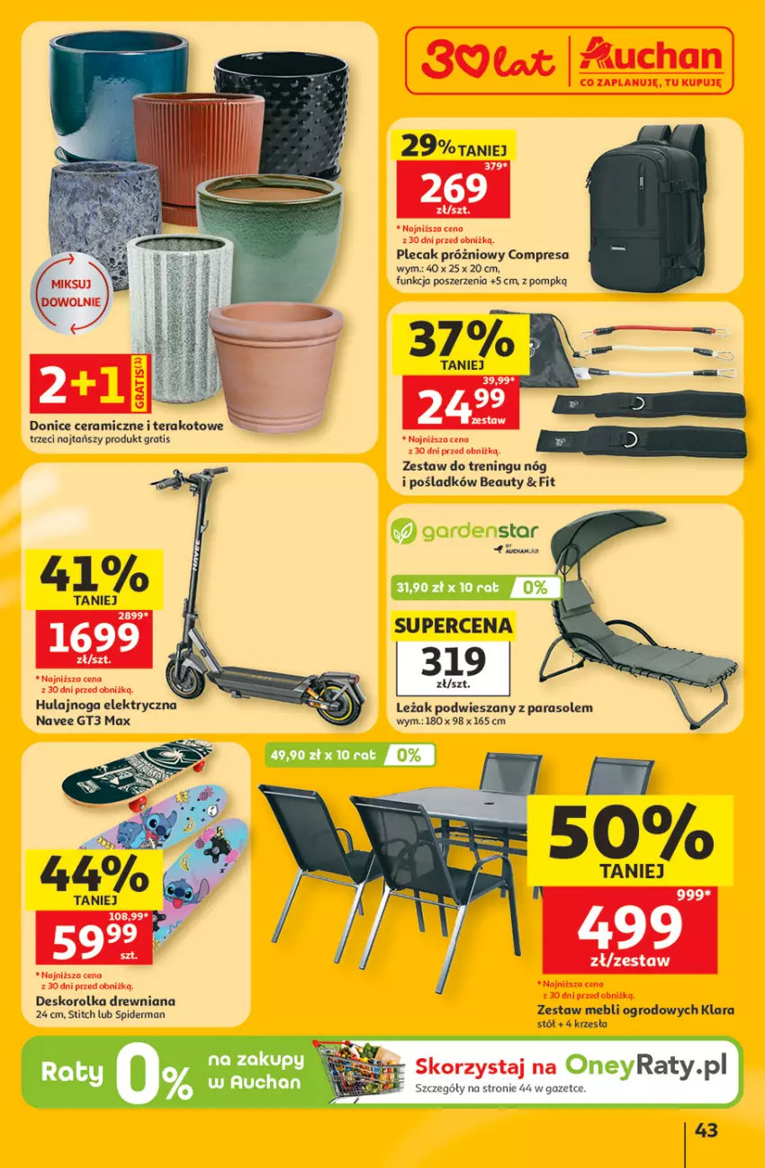 Gazetka promocyjna Auchan - Gazetka 30 Lat Hipermarket Auchan - ważna 11.06 do 17.06.2026 - strona 43 - produkty: Deskorolka, Gra, Hulajnoga, Hulajnoga elektryczna, Parasol, Plecak, Spiderman, Stół, Tera