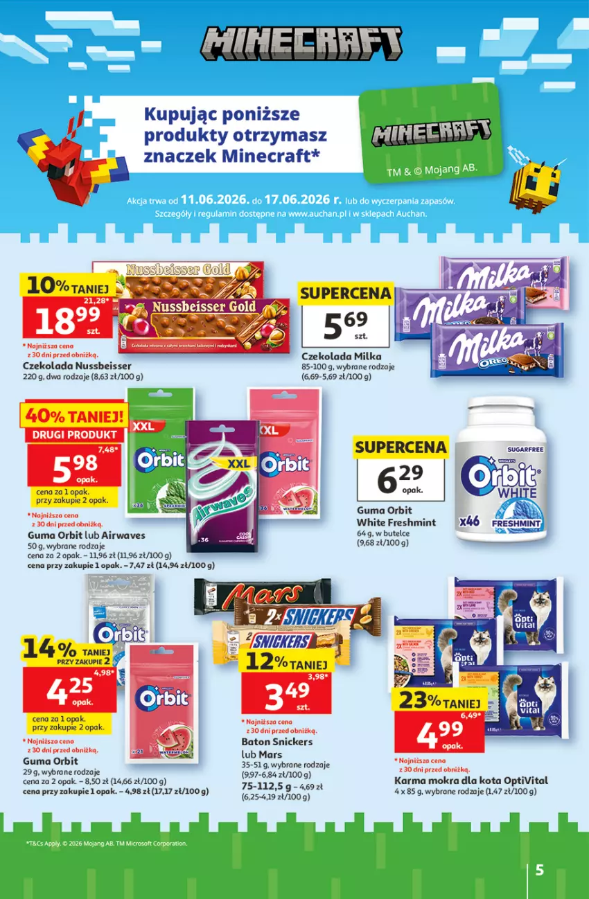 Gazetka promocyjna Auchan - Gazetka 30 Lat Hipermarket Auchan - ważna 11.06 do 17.06.2026 - strona 5 - produkty: Baton, Czekolada, Mars, Milka, Minecraft, Orbit, Ser, Snickers
