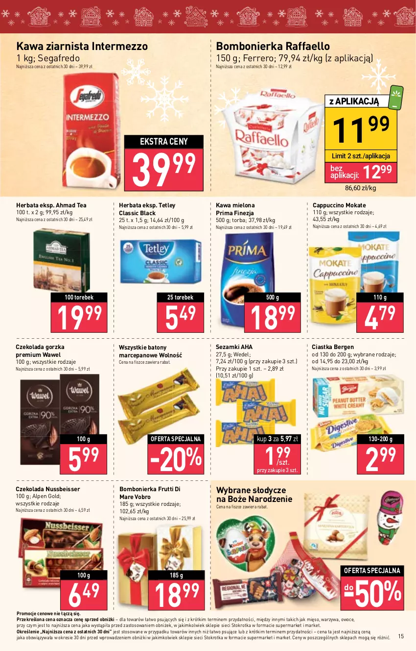 Gazetka promocyjna Stokrotka - Market - ważna 20.12 do 27.12.2023 - strona 16 - produkty: Baton, Cappuccino, Ciastka, Czekolada, Czekolada gorzka, Fa, Ferrero, Herbata, Kawa, Kawa mielona, Kawa ziarnista, Lack, Mięso, Owoce, Prima, Raffaello, Segafredo, Ser, Sezam, Tetley, Torba, Warzywa, Wawel