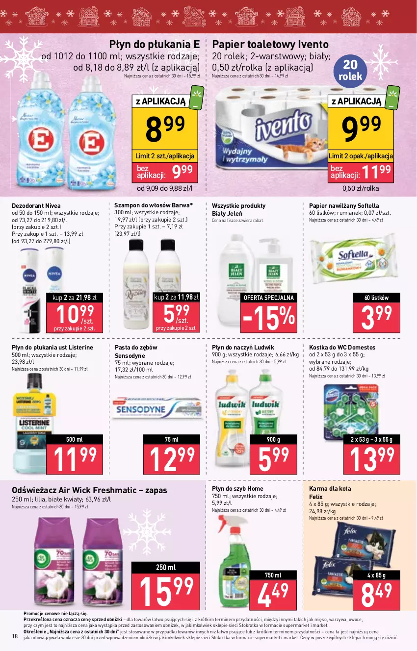 Gazetka promocyjna Stokrotka - Market - ważna 20.12 do 27.12.2023 - strona 19 - produkty: Air Wick, Biały Jeleń, Dezodorant, Domestos, Felix, Kostka do wc, Listerine, Ludwik, Mięso, Nivea, Owoce, Papier, Papier toaletowy, Pasta do zębów, Płyn do płukania, Płyn do szyb, Rum, Sensodyne, Szampon, Warzywa