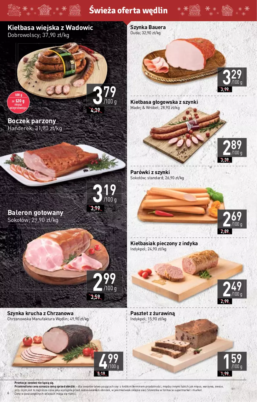 Gazetka promocyjna Stokrotka - Market - ważna 20.12 do 27.12.2023 - strona 6 - produkty: Basia, Boczek, Chrzan, Duda, Fa, Kiełbasa, Kiełbasa głogowska, Kiełbasa wiejska, Mięso, Owoce, Parówki, Parówki z szynki, Pasztet, Piec, Sok, Sokołów, Szynka, Warzywa