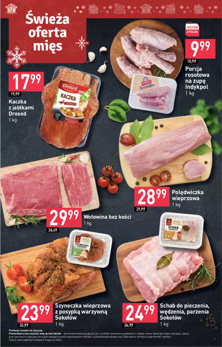 Gazetka promocyjna Stokrotka - Market - ważna 20.12 do 27.12.2023 - strona 7 - produkty: Jabłka, Kaczka, Mięso, Owoce, Piec, Polędwiczka wieprzowa, Por, Schab do pieczenia, Sok, Sokołów, Warzywa, Wołowina, Wołowina bez kości