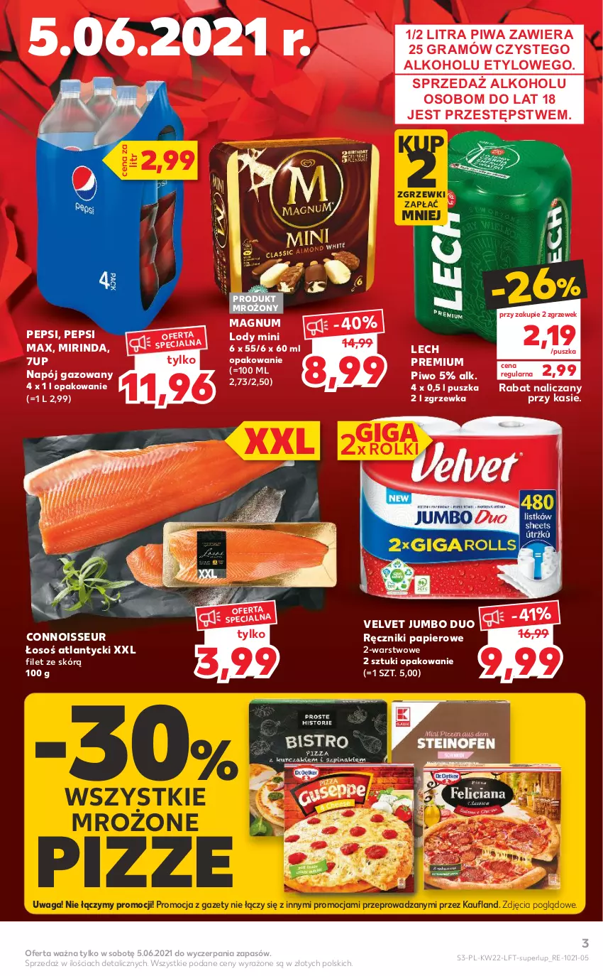 Gazetka promocyjna Kaufland - OFERTA TYGODNIA - ważna 02.06 do 09.06.2021 - strona 3 - produkty: 7up, Gra, Lech Premium, Lody, Mirinda, Napój, Napój gazowany, Papier, Pepsi, Pepsi max, Piwa, Piwo, Ręcznik, Ręczniki papierowe, Rolki, Velvet, Waga