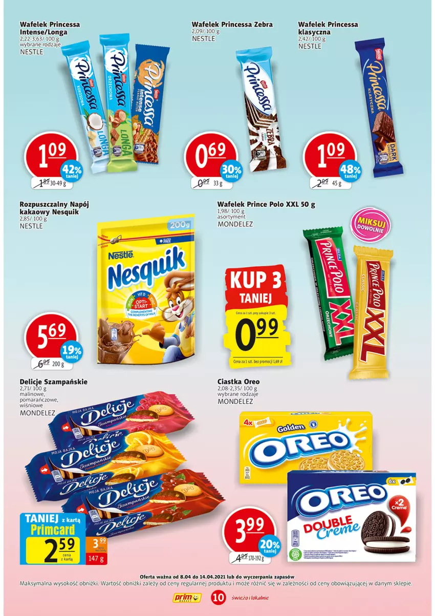 Gazetka promocyjna Prim Market - Gazetka - ważna 08.04 do 14.04.2021 - strona 10 - produkty: Ciastka, Delicje, Kakao, Napój, Nesquik, Oreo, Por, Prince Polo, Princessa, Sok, Wafelek