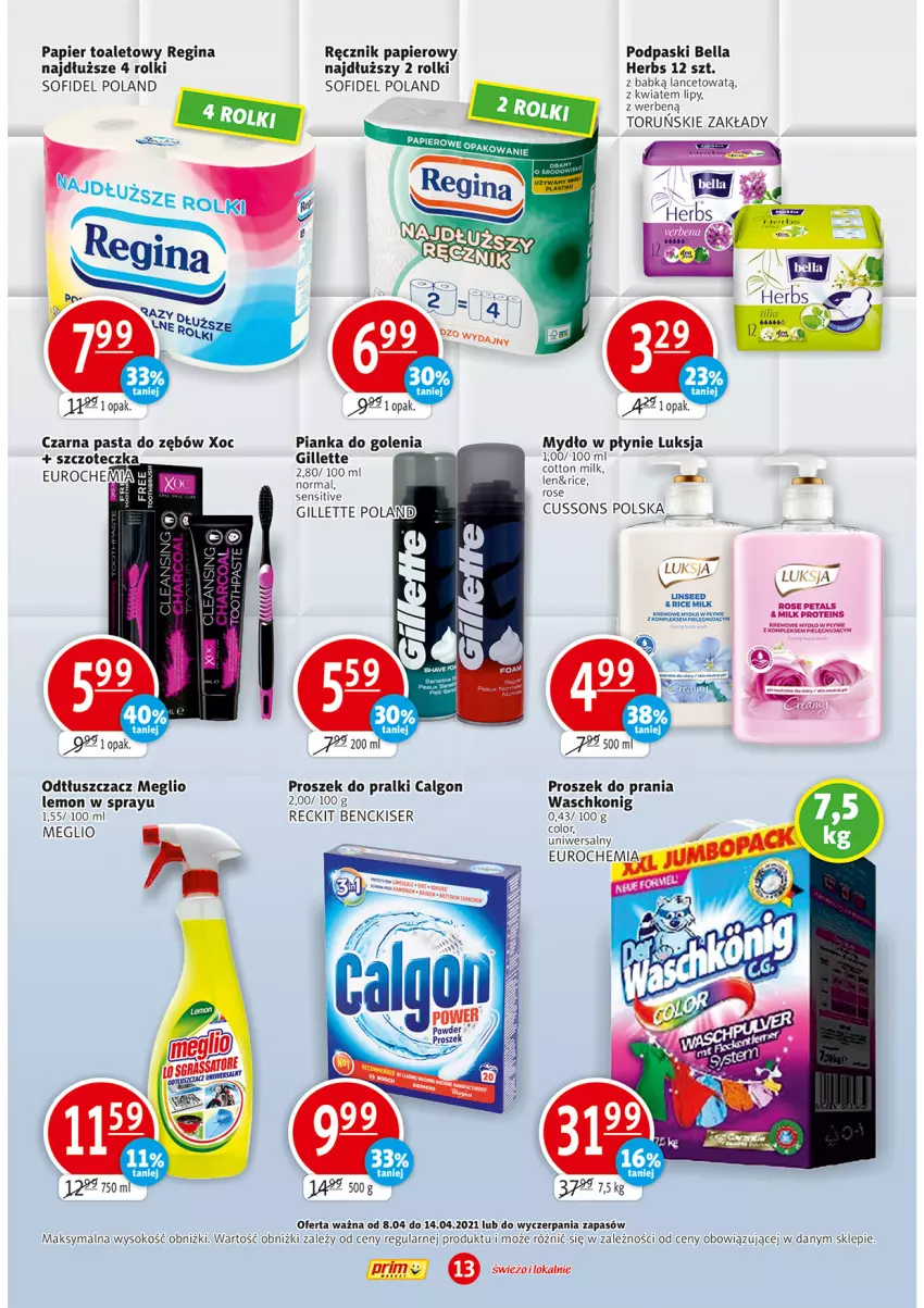 Gazetka promocyjna Prim Market - Gazetka - ważna 08.04 do 14.04.2021 - strona 13 - produkty: Bell, Bella, Calgon, Gillette, Gin, LG, Luksja, Mydło, Mydło w płynie, Odtłuszczacz, Papier, Papier toaletowy, Pasta do zębów, Pianka do golenia, Podpaski, Pralki, Proszek do prania, Ręcznik, Rolki, Ser, Sok, Szczoteczka