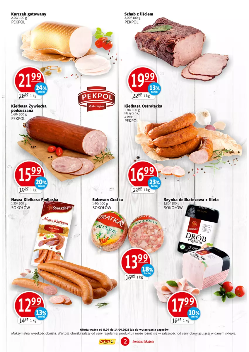 Gazetka promocyjna Prim Market - Gazetka - ważna 08.04 do 14.04.2021 - strona 2 - produkty: Gra, Kiełbasa, Kurczak, Kurczak gotowany, Pekpol, Salceson, Sok, Sokołów, Szynka, Szynka delikatesowa