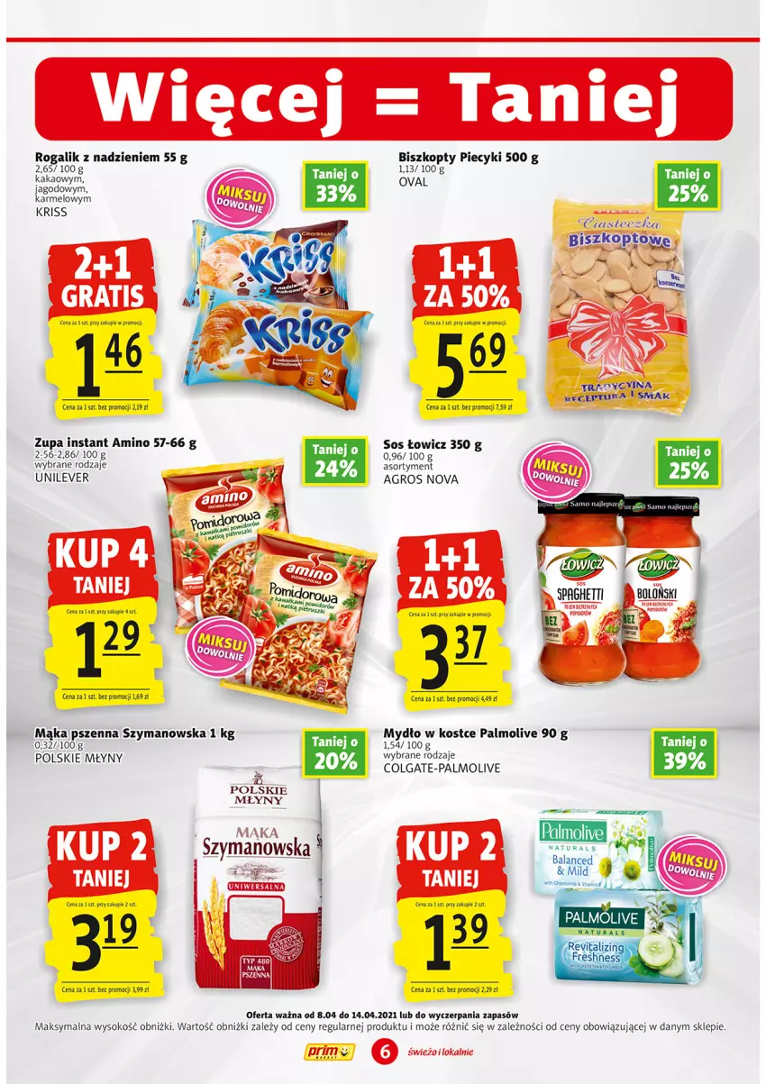 Gazetka promocyjna Prim Market - Gazetka - ważna 08.04 do 14.04.2021 - strona 6 - produkty: Biszkopty, Colgate, Kakao, LG, Mąka, Mąka pszenna, Mydło, Palmolive, Piec, Polskie Młyny, Rogal, Sok, Sos, Spaghetti, Zupa