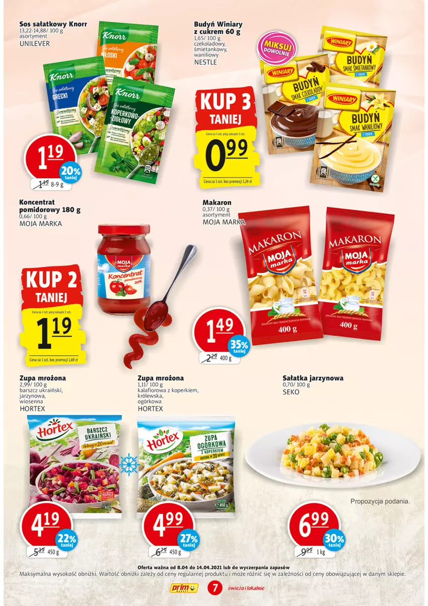 Gazetka promocyjna Prim Market - Gazetka - ważna 08.04 do 14.04.2021 - strona 7 - produkty: Budyń, Hortex, Kalafior, Knorr, Koncentrat pomidorowy, Makaron, Sałat, Sałatka, SEKO, Sok, Sos, Winiary, Zupa