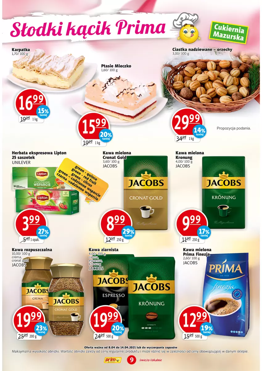 Gazetka promocyjna Prim Market - Gazetka - ważna 08.04 do 14.04.2021 - strona 9 - produkty: Ciastka, Herbata, Jacobs, Karp, Kawa, Kawa mielona, Kawa rozpuszczalna, Kawa ziarnista, Lipton, Mleczko, Prima, Ptasie mleczko, Sok