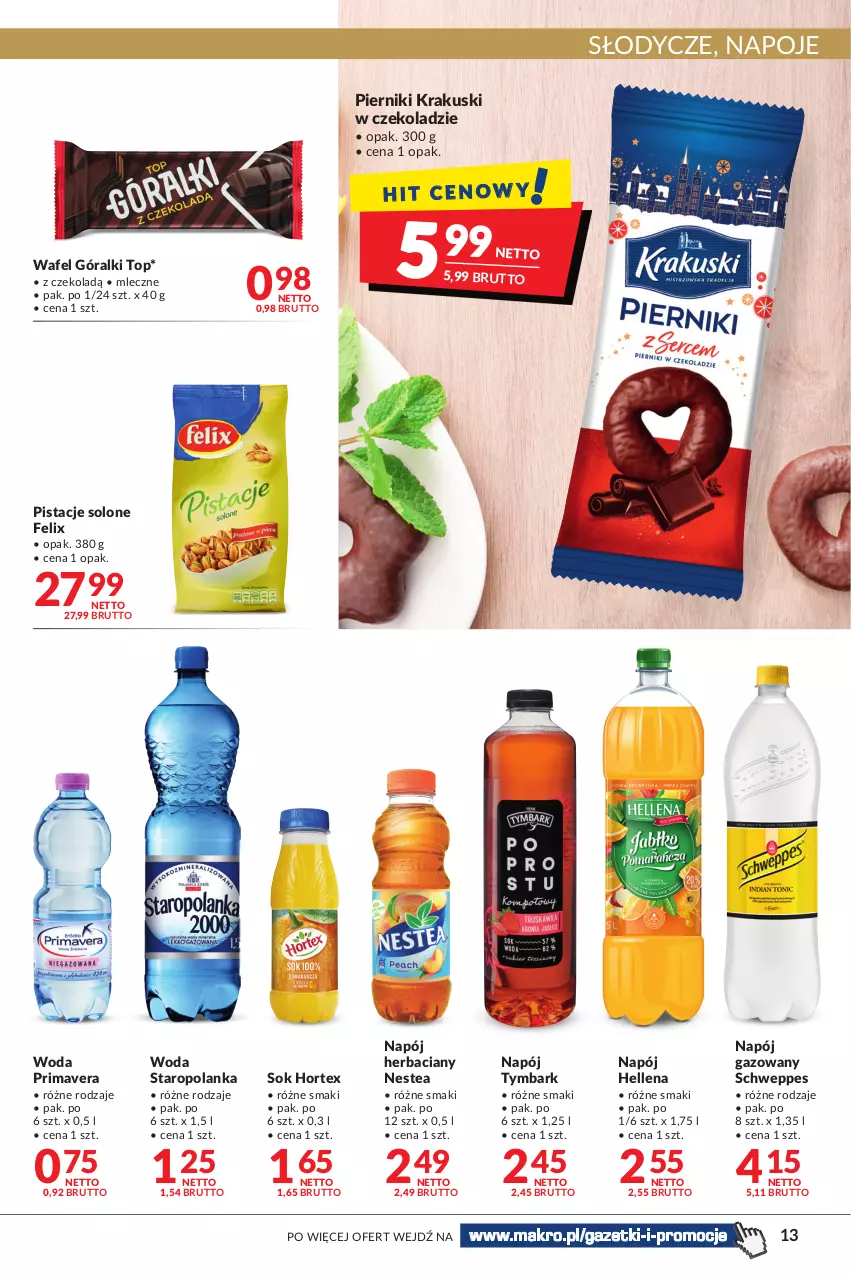 Gazetka promocyjna Makro - Najlepsze oferty - ważna 02.11 do 14.11.2022 - strona 13 - produkty: Felix, Góralki, Hellena, Hortex, Krakus, Krakuski, Napój, Napój gazowany, Napoje, Nestea, Piernik, Pistacje, Prima, Primavera, Schweppes, Sok, Staropolanka, Top, Tymbark, Woda