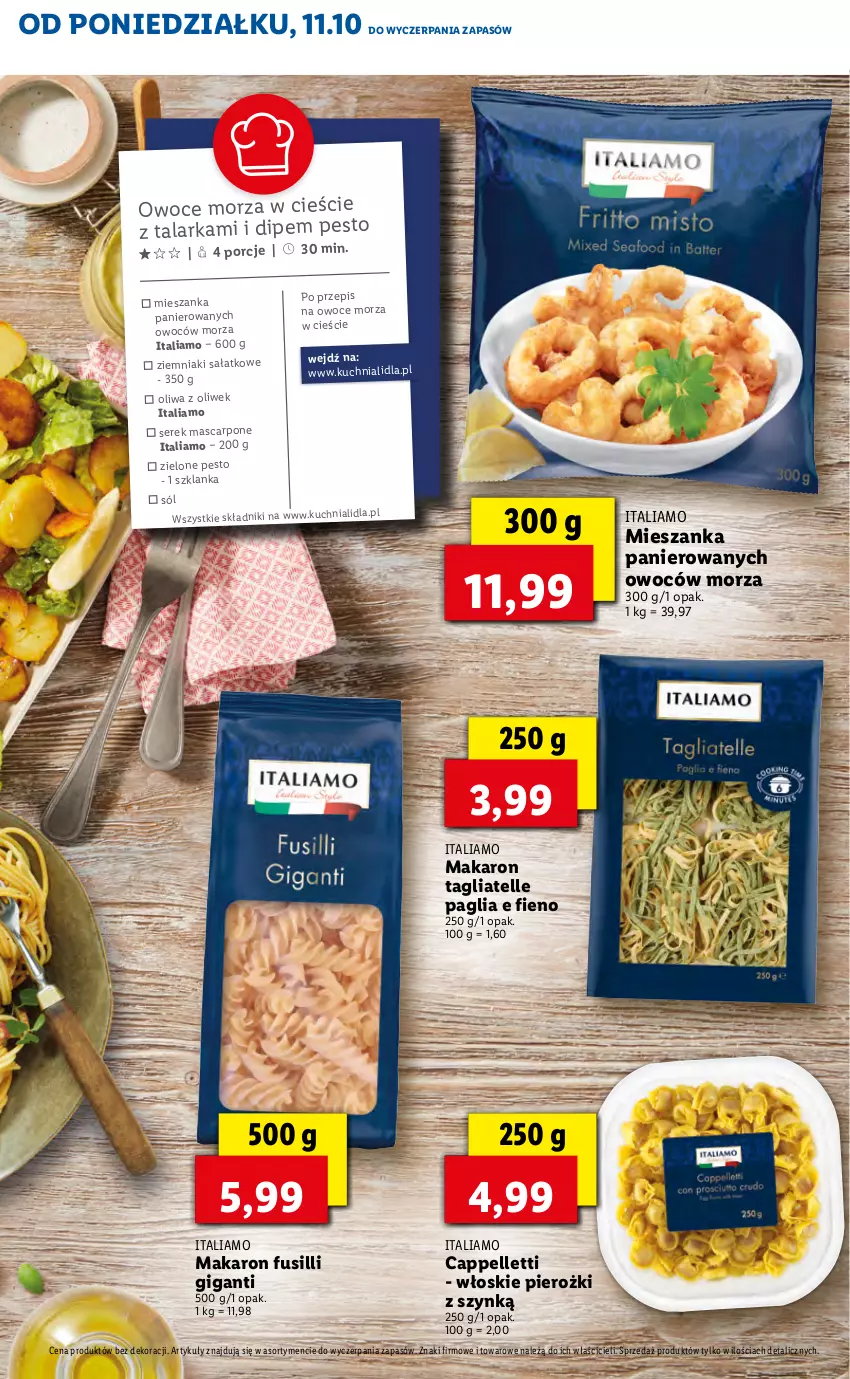 Gazetka promocyjna Lidl - KATALOG ITALIAMO - ważna 11.10 do 15.10.2021 - strona 34 - produkty: Kuchnia, Makaron, Mascarpone, Oliwa z oliwek, Owoce, Owoce morza, Pellet, Pesto, Por, Sałat, Ser, Serek, Sól, Szklanka, Tagliatelle, Ziemniaki