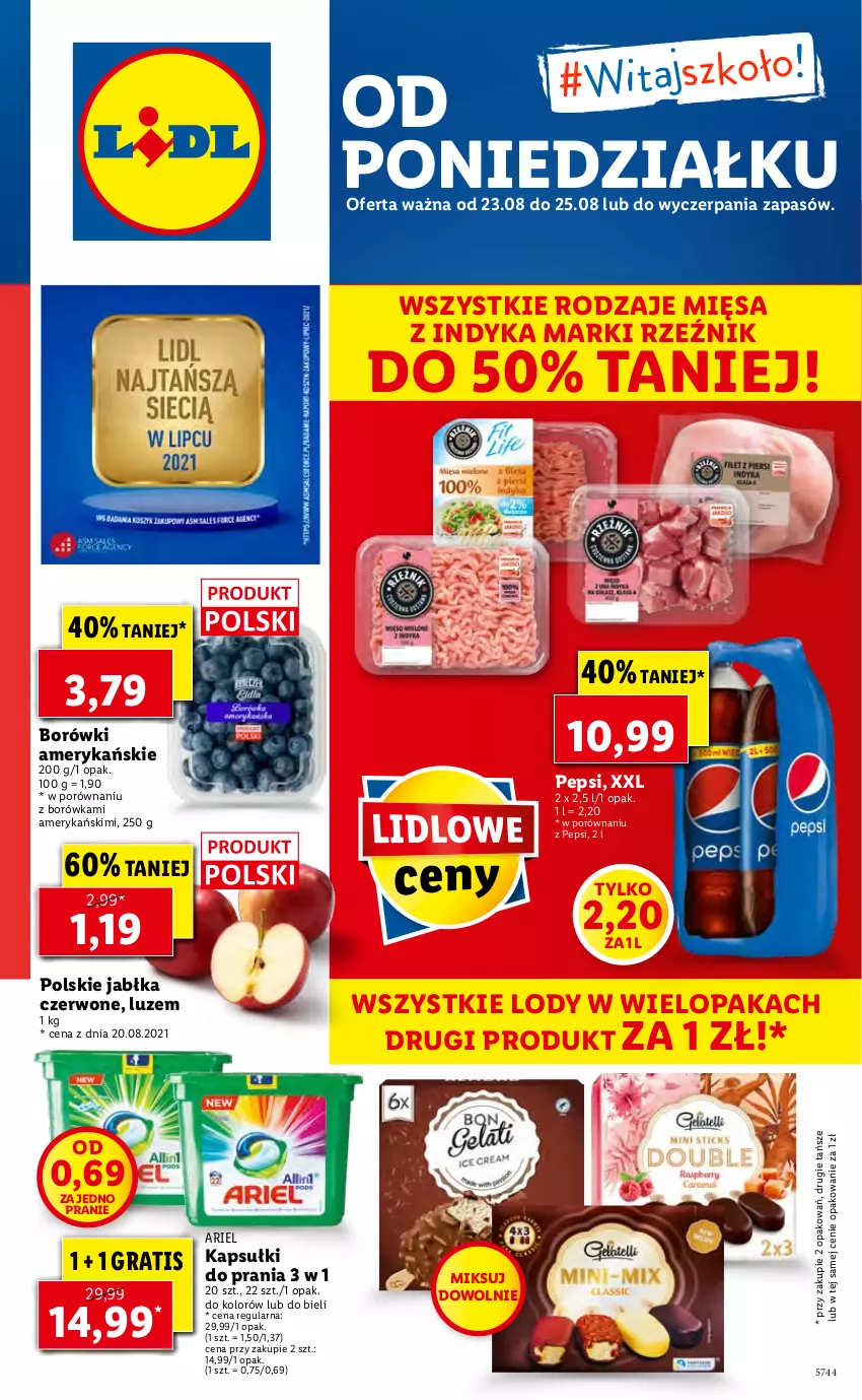 Gazetka promocyjna Lidl - GAZETKA - ważna 23.08 do 25.08.2021 - strona 1 - produkty: Ariel, Borówka, Gra, Jabłka, Kapsułki do prania, Lody, Pepsi, Por