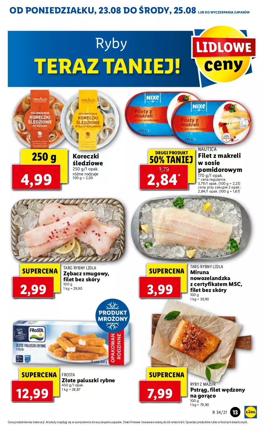 Gazetka promocyjna Lidl - GAZETKA - ważna 23.08 do 25.08.2021 - strona 13 - produkty: Filet z makreli, Frosta, Koreczki śledziowe, Miruna, Paluszki rybne, Pstrąg, Sos, Tera