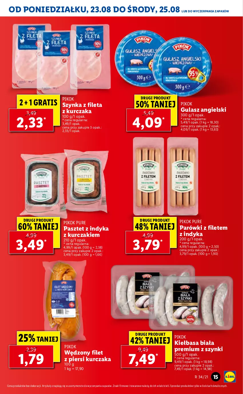 Gazetka promocyjna Lidl - GAZETKA - ważna 23.08 do 25.08.2021 - strona 15 - produkty: Filet z piersi kurczaka, Gra, Kiełbasa, Kiełbasa biała, Kurczak, Parówki, Pasztet, Pasztet z indyka, PIKOK, Pur, Szynka