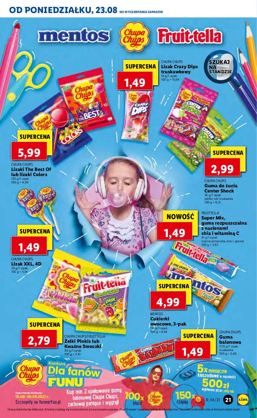 Gazetka promocyjna Lidl - GAZETKA - ważna 23.08 do 25.08.2021 - strona 21 - produkty: Chia, Chupa Chups, Cukier, Cukierki, Gra, Granat, Guma do żucia, Guma rozpuszczalna, Kiwi, Lizaki, Mentos, Por