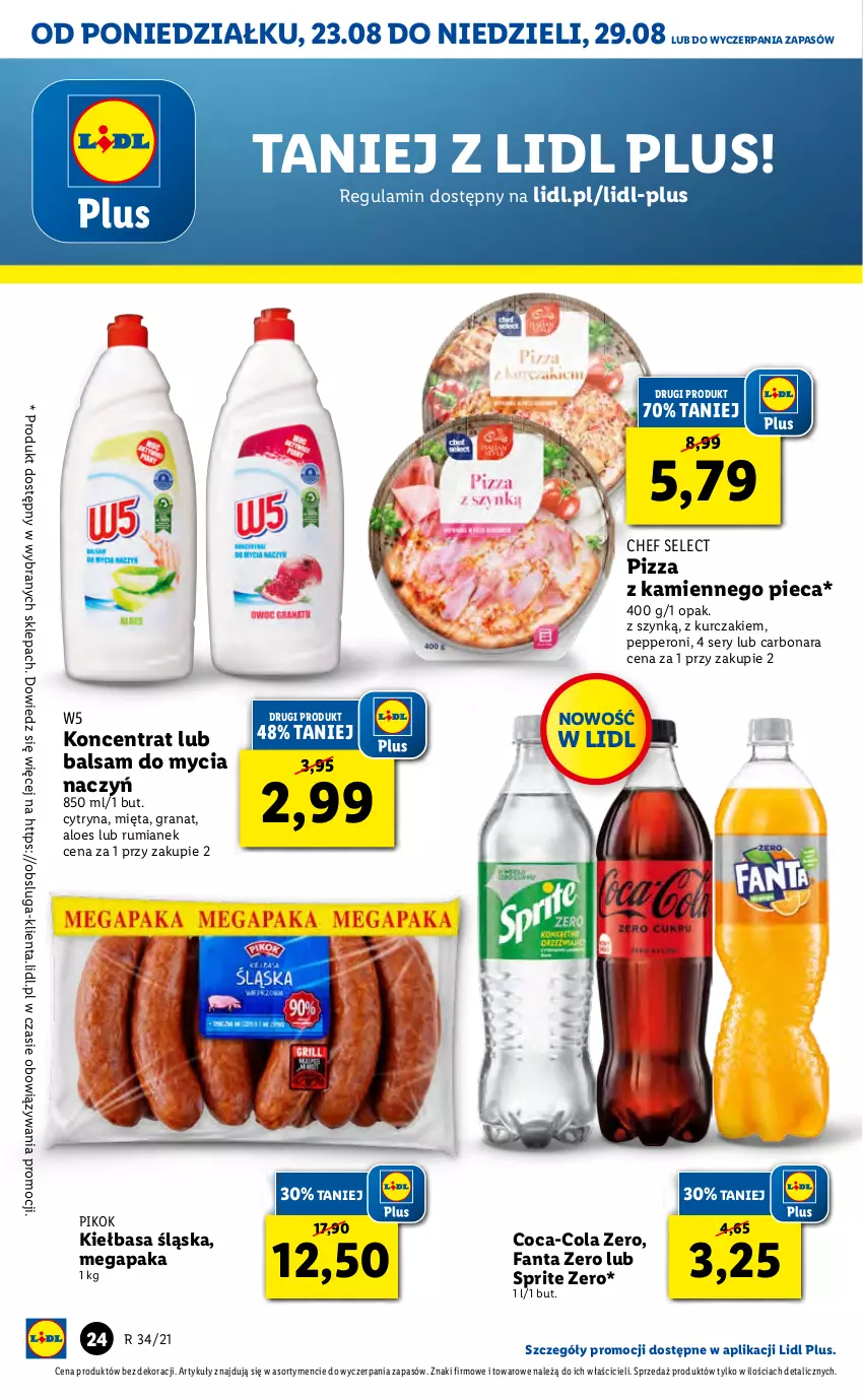 Gazetka promocyjna Lidl - GAZETKA - ważna 23.08 do 25.08.2021 - strona 24 - produkty: Balsam do mycia naczyń, Coca-Cola, Do mycia naczyń, Fa, Fanta, Gra, Granat, Kiełbasa, Kiełbasa śląska, Kurczak, Mięta, Piec, PIKOK, Pizza, Rum, Ser, Sprite