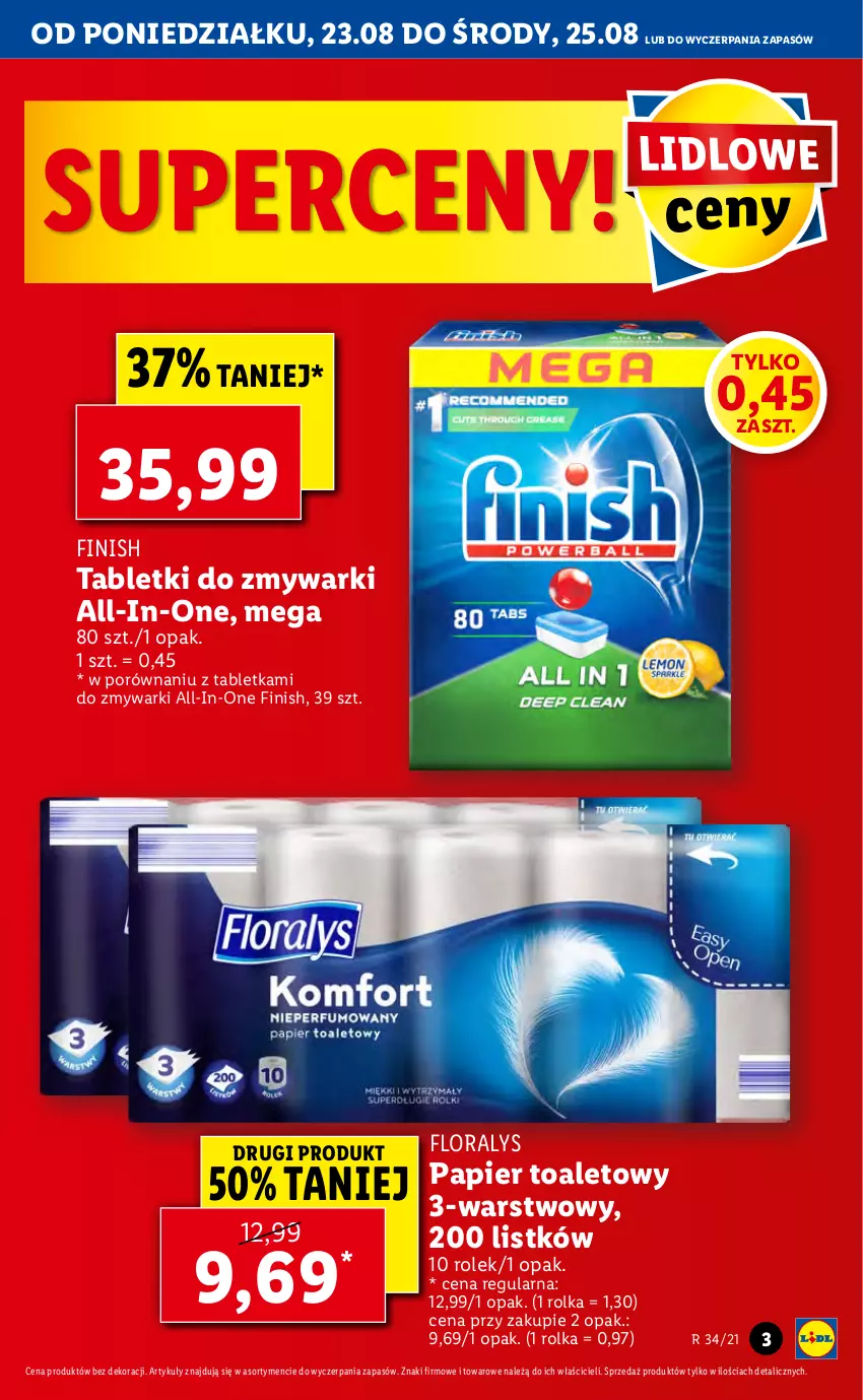 Gazetka promocyjna Lidl - GAZETKA - ważna 23.08 do 25.08.2021 - strona 3 - produkty: Finish, Flora, Papier, Papier toaletowy, Por, Tablet, Tabletki do zmywarki, Zmywarki