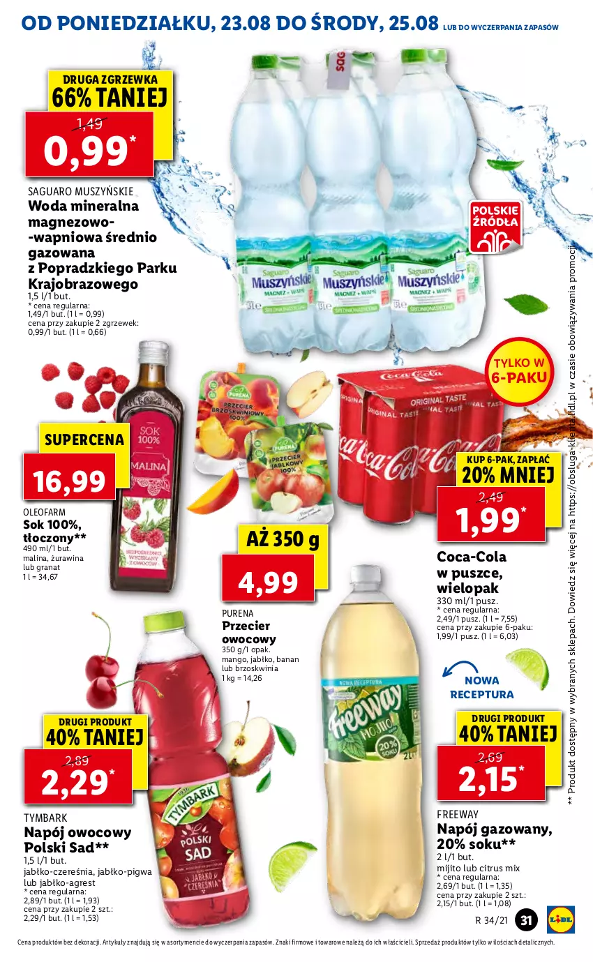 Gazetka promocyjna Lidl - GAZETKA - ważna 23.08 do 25.08.2021 - strona 31 - produkty: Coca-Cola, Fa, Gra, Granat, Gres, Magnez, Mango, Mus, Napój, Napój gazowany, Obraz, Oleo, Oleofarm, Pur, Sok, Tymbark, Woda, Woda mineralna