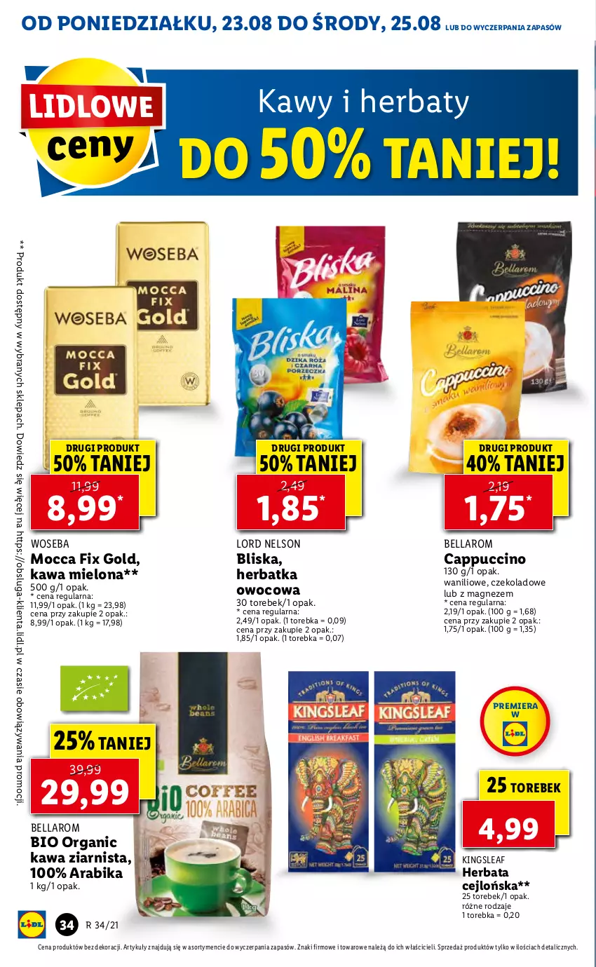 Gazetka promocyjna Lidl - GAZETKA - ważna 23.08 do 25.08.2021 - strona 34 - produkty: Bell, Bella, Cappuccino, Herbata, Kawa, Kawa mielona, Kawa ziarnista, Magnez, Mocca Fix Gold, Torebka, Woseba