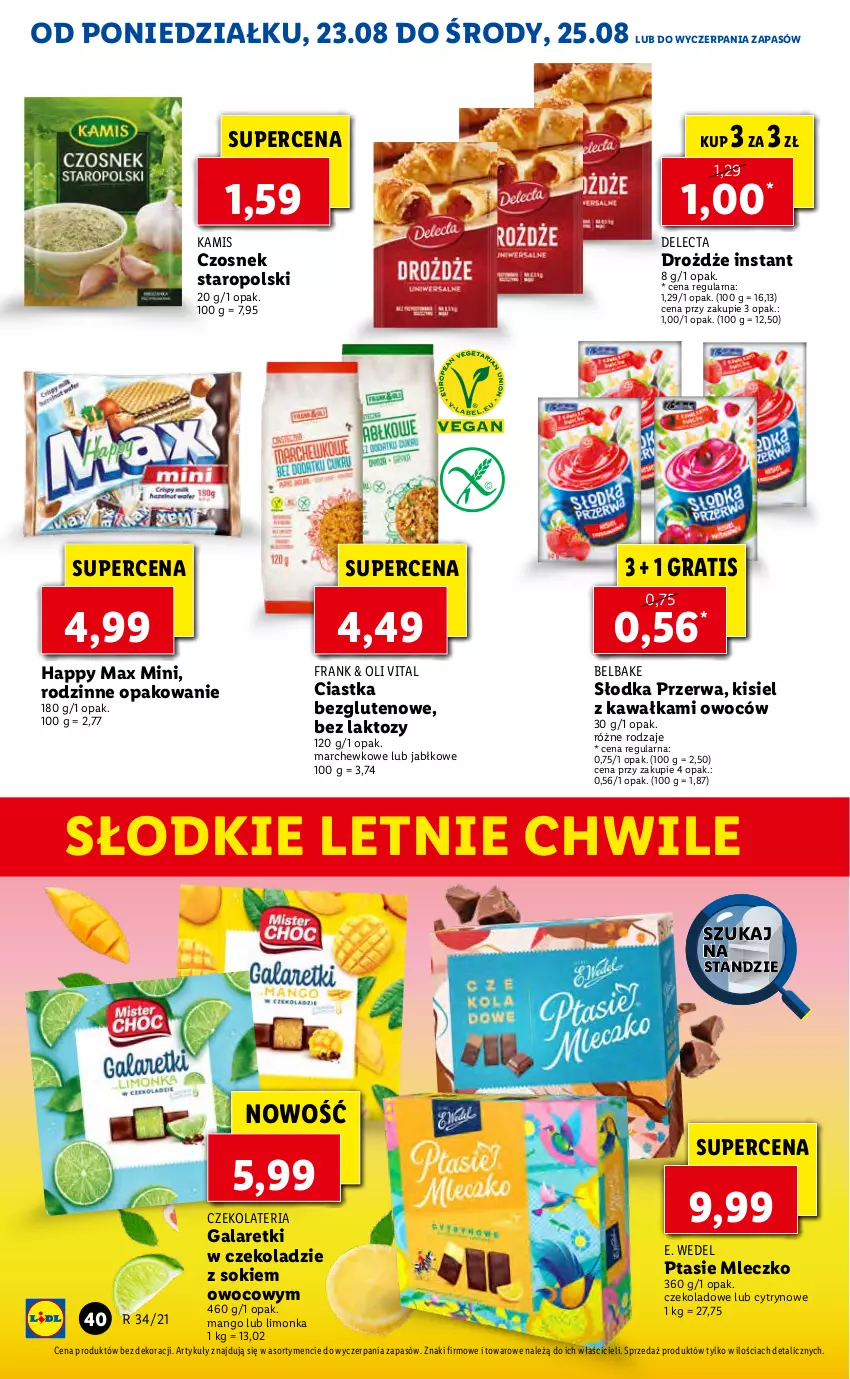 Gazetka promocyjna Lidl - GAZETKA - ważna 23.08 do 25.08.2021 - strona 40 - produkty: Ciastka, Czosnek, Delecta, Drożdże, E. Wedel, Gala, Galaretki, Gra, Kamis, Kawa, Kisiel, Limonka, Mango, Mleczko, Ptasie mleczko, Sok