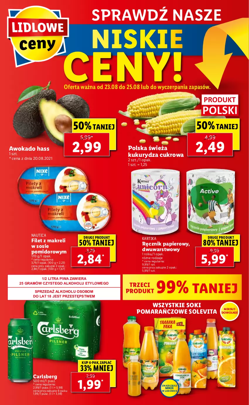 Gazetka promocyjna Lidl - GAZETKA - ważna 23.08 do 25.08.2021 - strona 59 - produkty: Carlsberg, Filet z makreli, Gra, Kukurydza, Papier, Piwa, Ręcznik, Sok, Sos