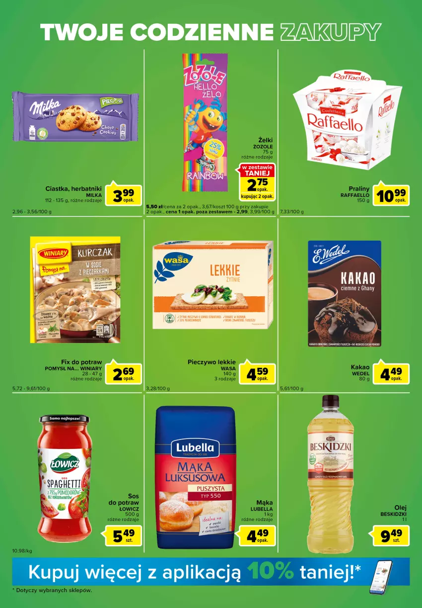 Gazetka promocyjna Carrefour - Gazetka Express - ważna 08.11 do 14.11.2022 - strona 3 - produkty: Bell, Bella, Beskidzki, Ciastka, Fa, Herbatniki, Kakao, Kosz, Lubella, Mąka, Milka, Olej, Piec, Pieczywo, Praliny, Raffaello, Sos, Wasa, Winiary