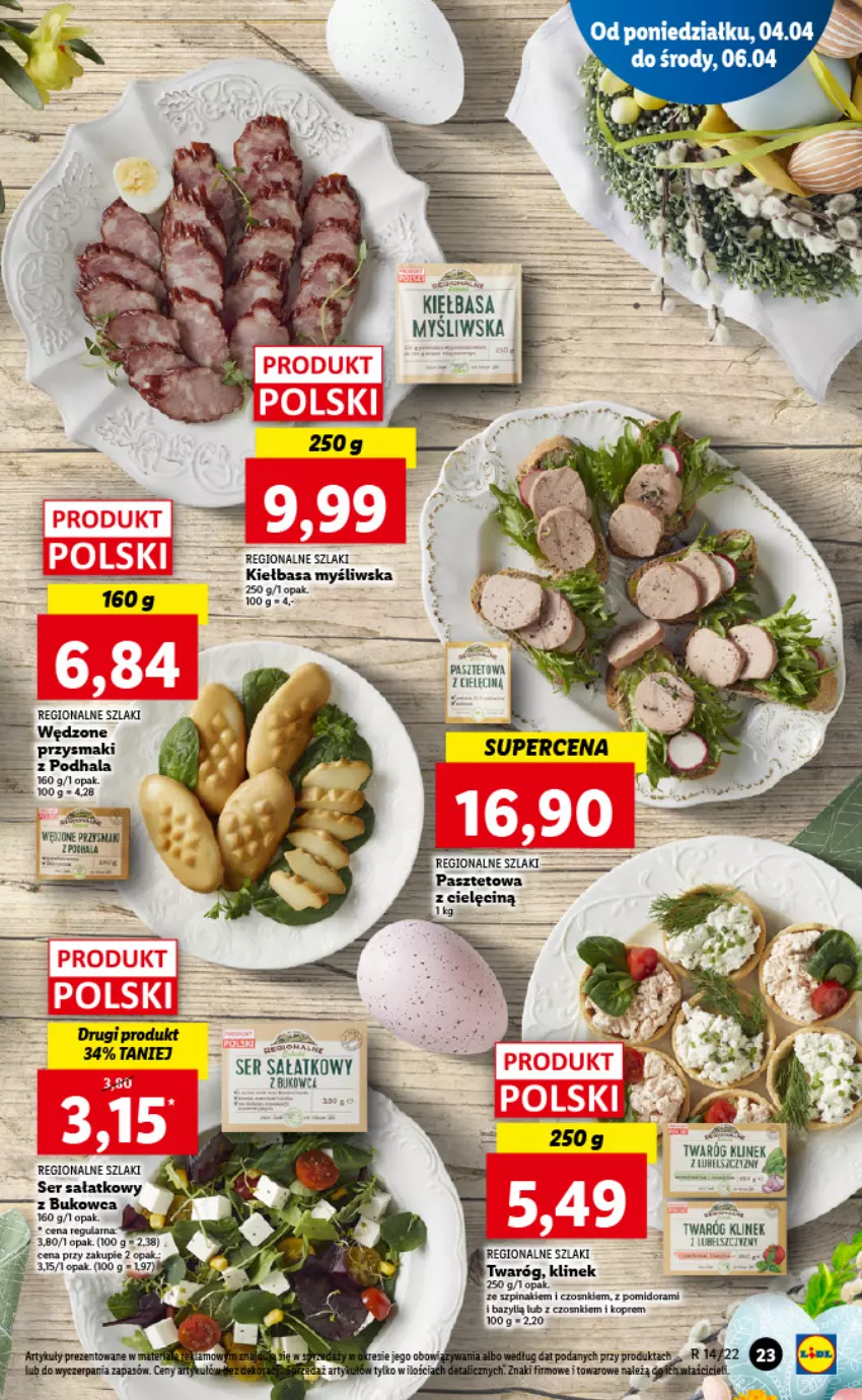 Gazetka promocyjna Lidl - GAZETKA - ważna 04.04 do 06.04.2022 - strona 23 - produkty: Bazyl, Kiełbasa, Pasztet, Przysmaki, Sałat, Ser, Szpinak, Twaróg