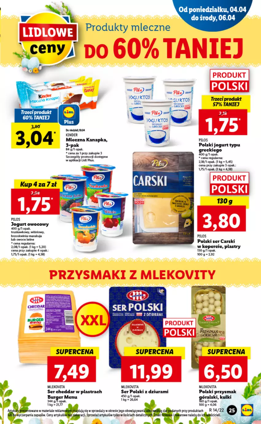 Gazetka promocyjna Lidl - GAZETKA - ważna 04.04 do 06.04.2022 - strona 25 - produkty: Burger, Cars, Cheddar, Jogurt, Mleczna kanapka, Mleko, Pilos, Przysmaki, Ser