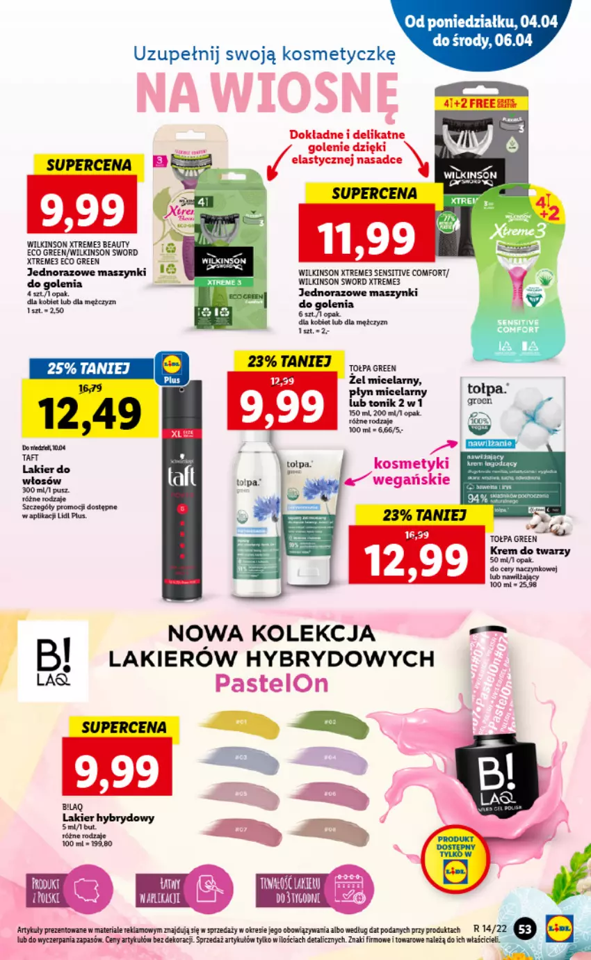 Gazetka promocyjna Lidl - GAZETKA - ważna 04.04 do 06.04.2022 - strona 53 - produkty: Krem do twarzy, Lakier, Płyn micelarny, Tołpa, Tonik, Wilkinson Sword