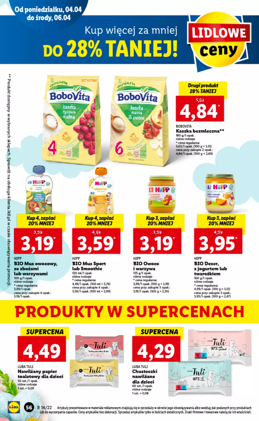 Gazetka promocyjna Lidl - GAZETKA - ważna 04.04 do 06.04.2022 - strona 56 - produkty: Chusteczki, Deser, Dzieci, HiPP, Hipp Bio, Jogurt, Mus, Nawilżany papier, Owoce, Papier, Por, Ser, Warzywa