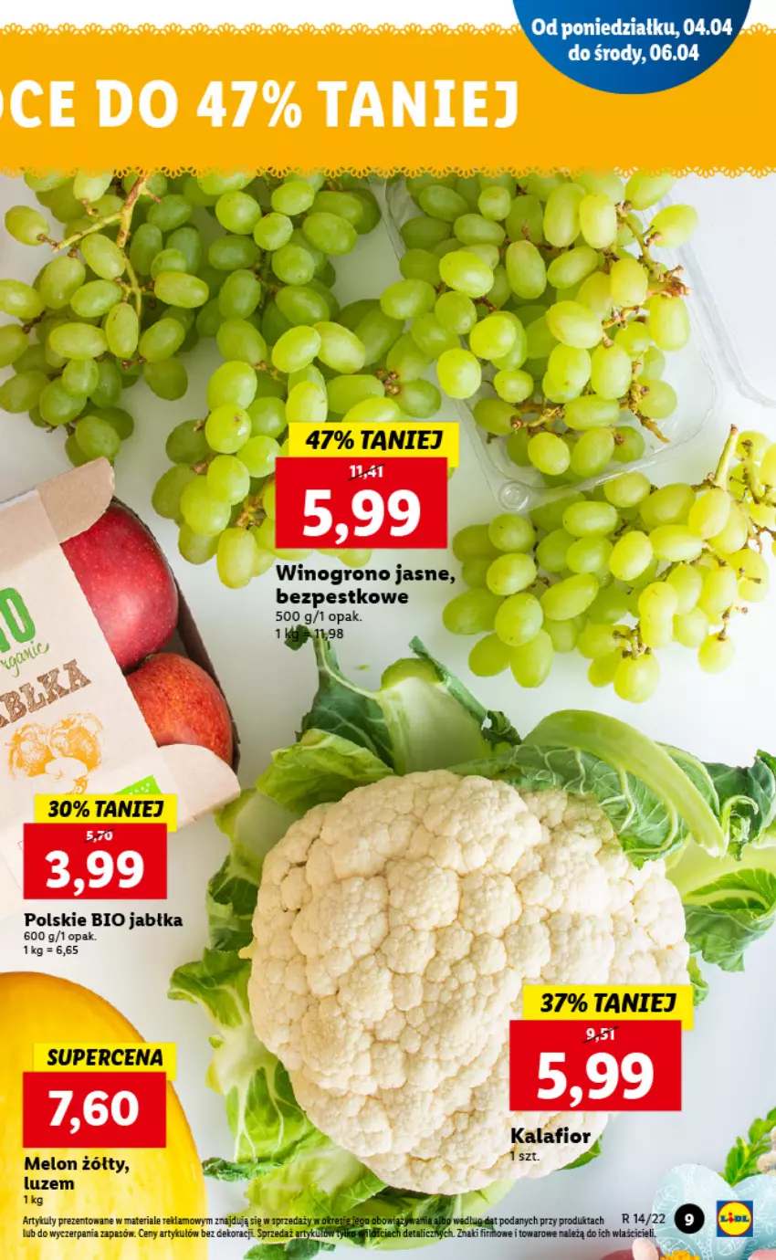 Gazetka promocyjna Lidl - GAZETKA - ważna 04.04 do 06.04.2022 - strona 9 - produkty: Figi, Jabłka, Kalafior, Melon, Wino