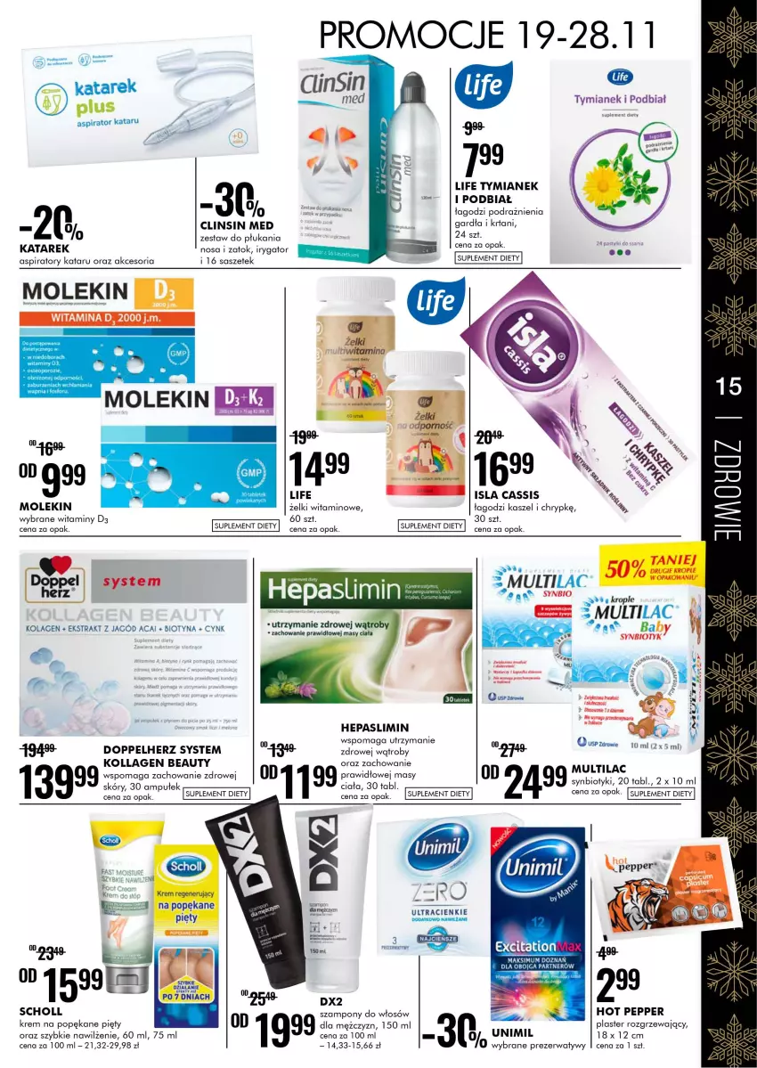 Gazetka promocyjna Super Pharm - Gazetka - ważna 19.11 do 28.11.2021 - strona 15 - produkty: Clin, Cynk, Doppelherz, Irygator, Isla, Kolagen, Multilac, Prezerwatyw, Scholl, Suplement diety, Synbiotyk, Szampon, Unimil