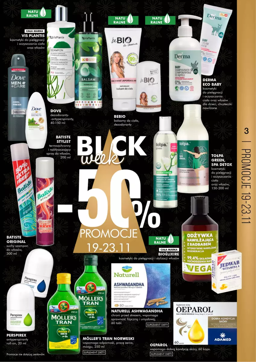 Gazetka promocyjna Super Pharm - Gazetka - ważna 19.11 do 28.11.2021 - strona 3 - produkty: Antyperspirant, Batiste, Chusteczki, Dezodorant, Dove, Dzieci, Gin, Gra, Jaja, Kosmetyki do pielęgnacji, Mydło, Naturell, Odżywka, Olej, Por, Ser, Suchy szampon, Suplement diety, Szampon, Tołpa, Tran, VisPlantis, Waga