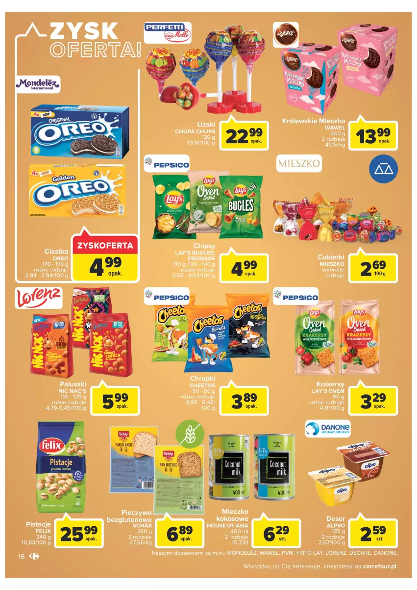 Gazetka promocyjna Carrefour - Gazetka Carrefour Zyskoteka - ważna 04.10 do 08.10.2022 - strona 16 - produkty: Alpro, Cheetos, Chrupki, Chupa Chups, Ciastka, Cukier, Cukierki, Danone, Felix, House of Asia, Kokos, Krakersy, Królewski, Królewskie Mleczko, Lizaki, Lorenz, Mleczko, Piec, Pieczywo, Pistacje, Wawel