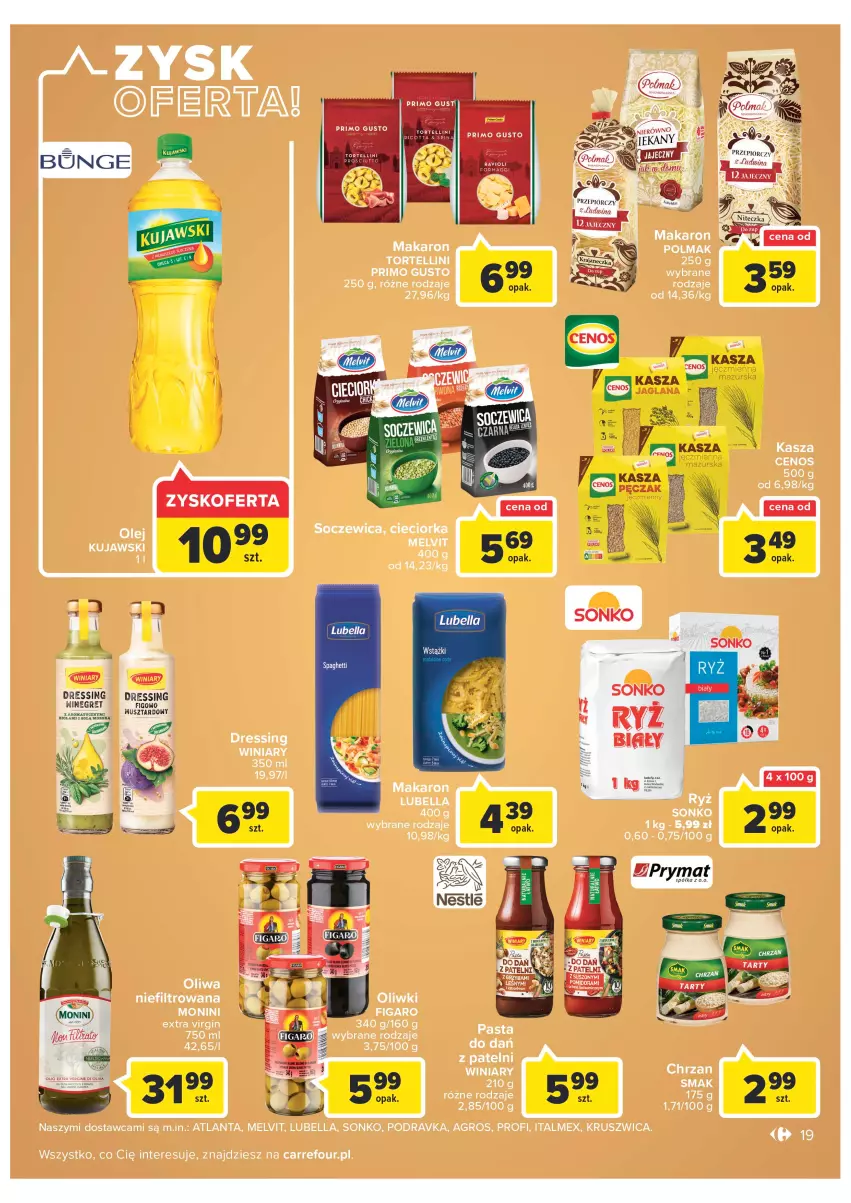 Gazetka promocyjna Carrefour - Gazetka Carrefour Zyskoteka - ważna 04.10 do 08.10.2022 - strona 19 - produkty: Bell, Bella, Cenos, Chrzan, Cieciorka, Kasza, Lubella, Makaron, Melvit, Monini, Olej, Oliwki, Olma, Orka, Podravka, Sonko, Winiary