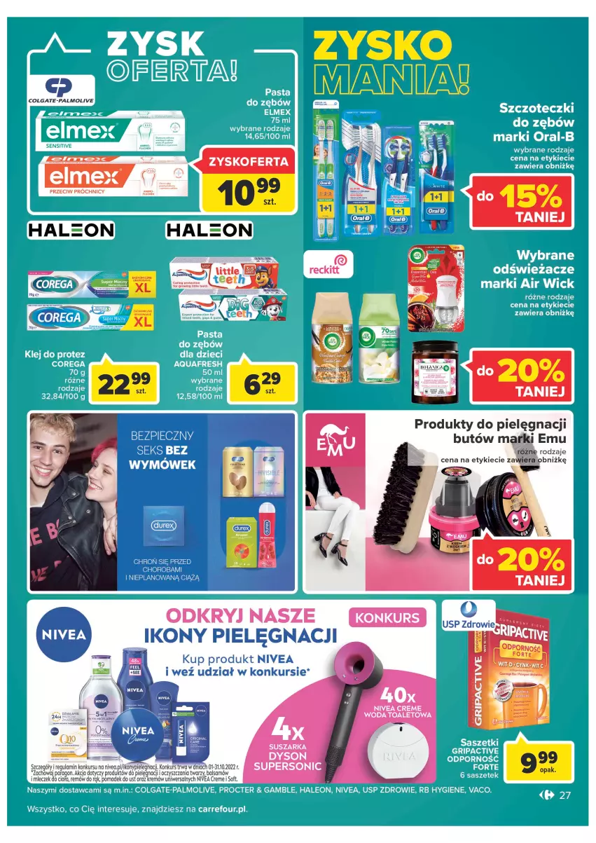 Gazetka promocyjna Carrefour - Gazetka Carrefour Zyskoteka - ważna 04.10 do 08.10.2022 - strona 27 - produkty: Air Wick, Aquafresh, Colgate, Corega, Dzieci, Elmex, Leon, LG, Nivea, Palmolive, Por, Suszarka, Woda, Woda toaletowa, Zdrowie