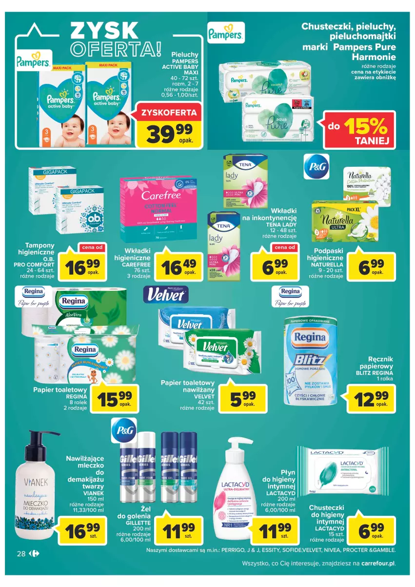 Gazetka promocyjna Carrefour - Gazetka Carrefour Zyskoteka - ważna 04.10 do 08.10.2022 - strona 28 - produkty: Carefree, Chusteczki, Chusteczki do higieny, Emulsja, Gillette, Gin, Lactacyd, Majtki, Makijaż, Mleczko, Naturell, Naturella, Nivea, O.B., Pampers, Papier, Papier toaletowy, Pieluchomajtki, Pieluchy, Płyn do higieny intymnej, Podpaski, Pur, Ręcznik, Velvet, Wkładki