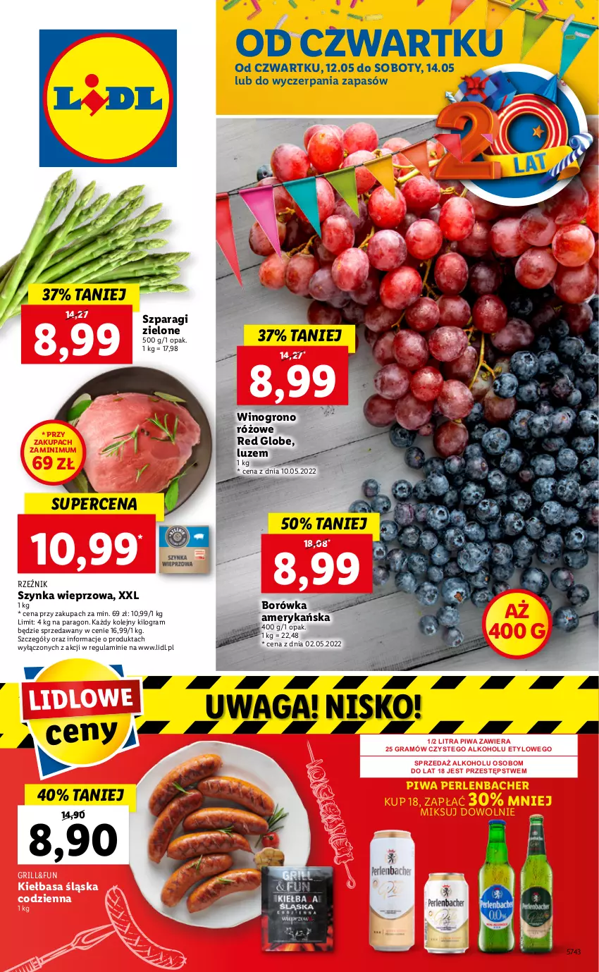 Gazetka promocyjna Lidl - GAZETKA - ważna 12.05 do 14.05.2022 - strona 1 - produkty: Borówka, Borówka amerykańska, Gra, Grill, Kiełbasa, Kiełbasa śląska, NBA, Olej, Piwa, Szynka, Szynka wieprzowa, Waga, Wino