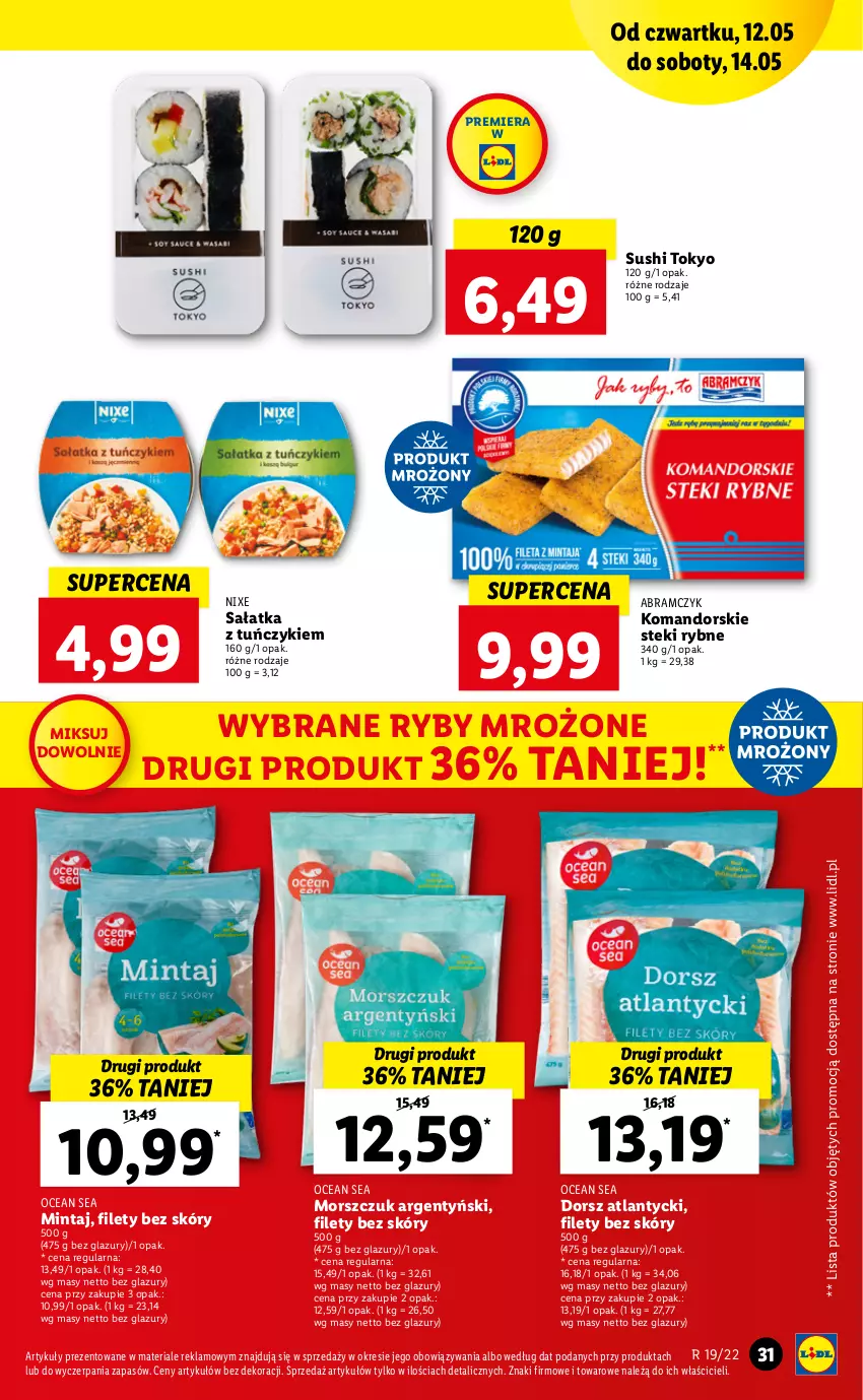 Gazetka promocyjna Lidl - GAZETKA - ważna 12.05 do 14.05.2022 - strona 31 - produkty: Dorsz, Lazur, Mintaj, Sałat, Sałatka, Stek, Sushi, Tuńczyk