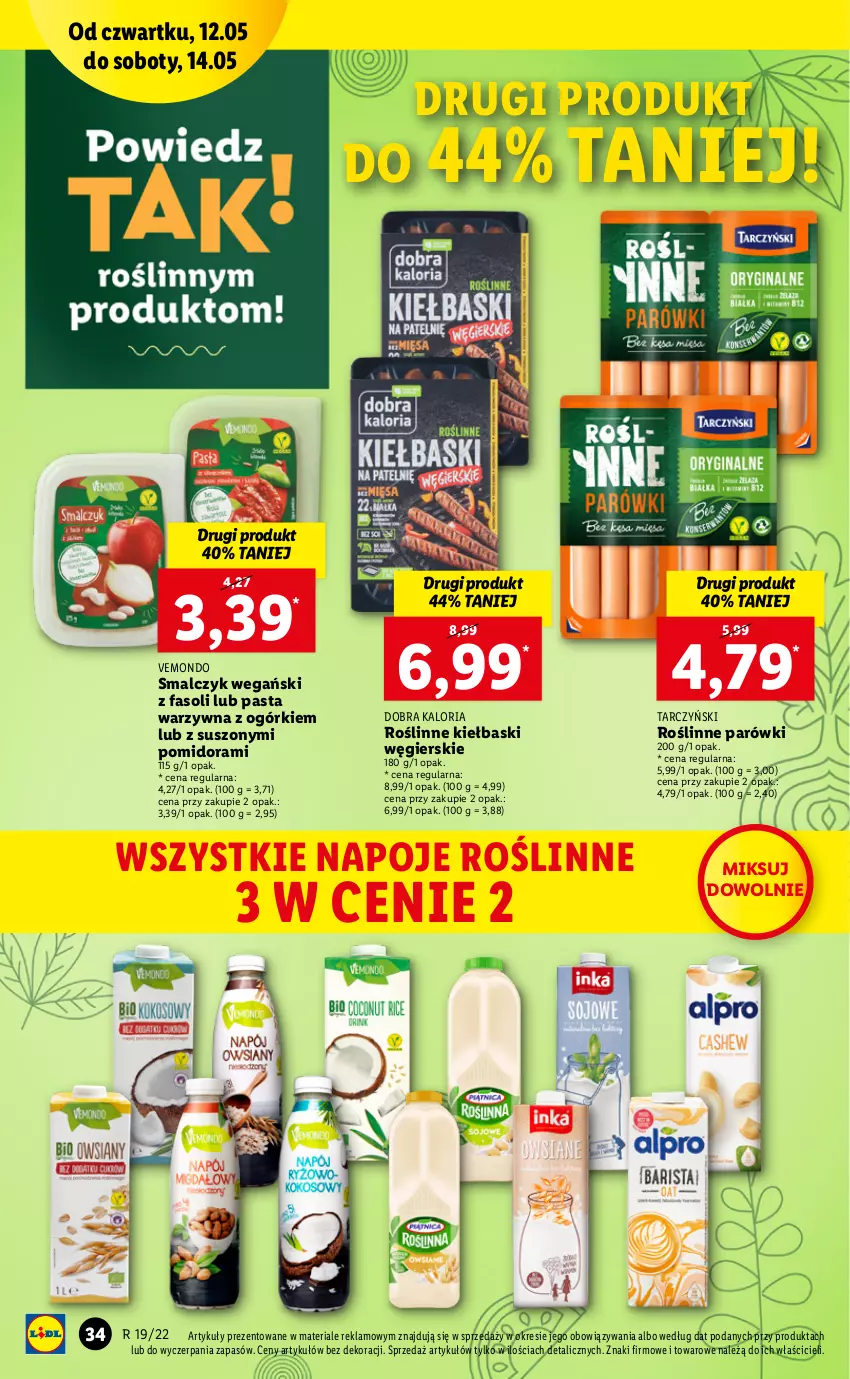 Gazetka promocyjna Lidl - GAZETKA - ważna 12.05 do 14.05.2022 - strona 34 - produkty: Fa, Napoje, Parówki, Pasta warzywna, Roślinne kiełbaski, Tarczyński