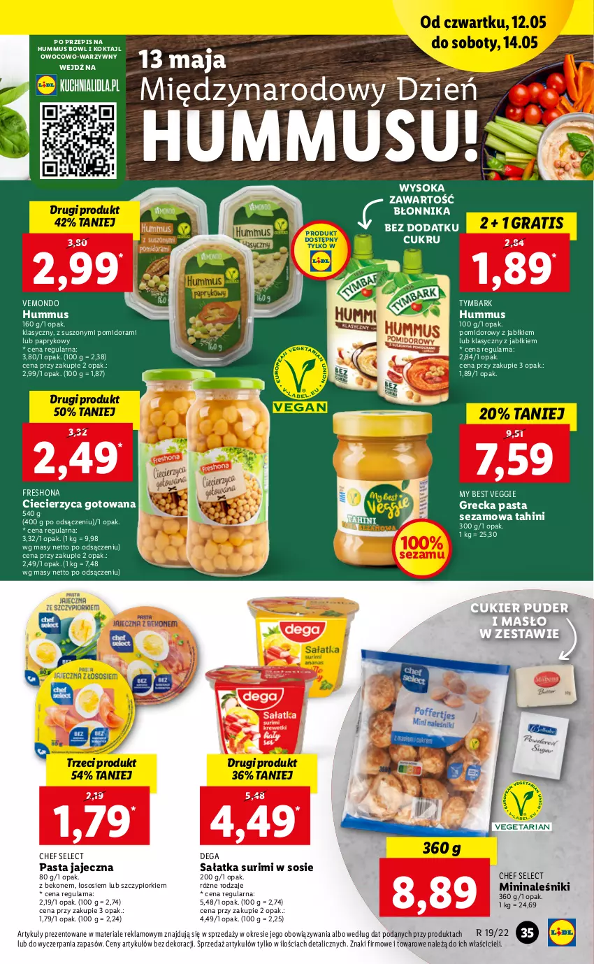 Gazetka promocyjna Lidl - GAZETKA - ważna 12.05 do 14.05.2022 - strona 35 - produkty: Beko, Cukier, Cukier puder, Dega, Gra, Hummus, Masło, Mus, Naleśniki, Puder, Sałat, Sałatka, Sezam, Sok, Sos, Surimi, Tymbark