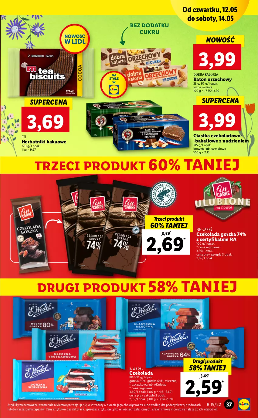 Gazetka promocyjna Lidl - GAZETKA - ważna 12.05 do 14.05.2022 - strona 37 - produkty: Baton, Brownie, Ciastka, Czekolada, Czekolada gorzka, E. Wedel, Herbatniki, Kakao