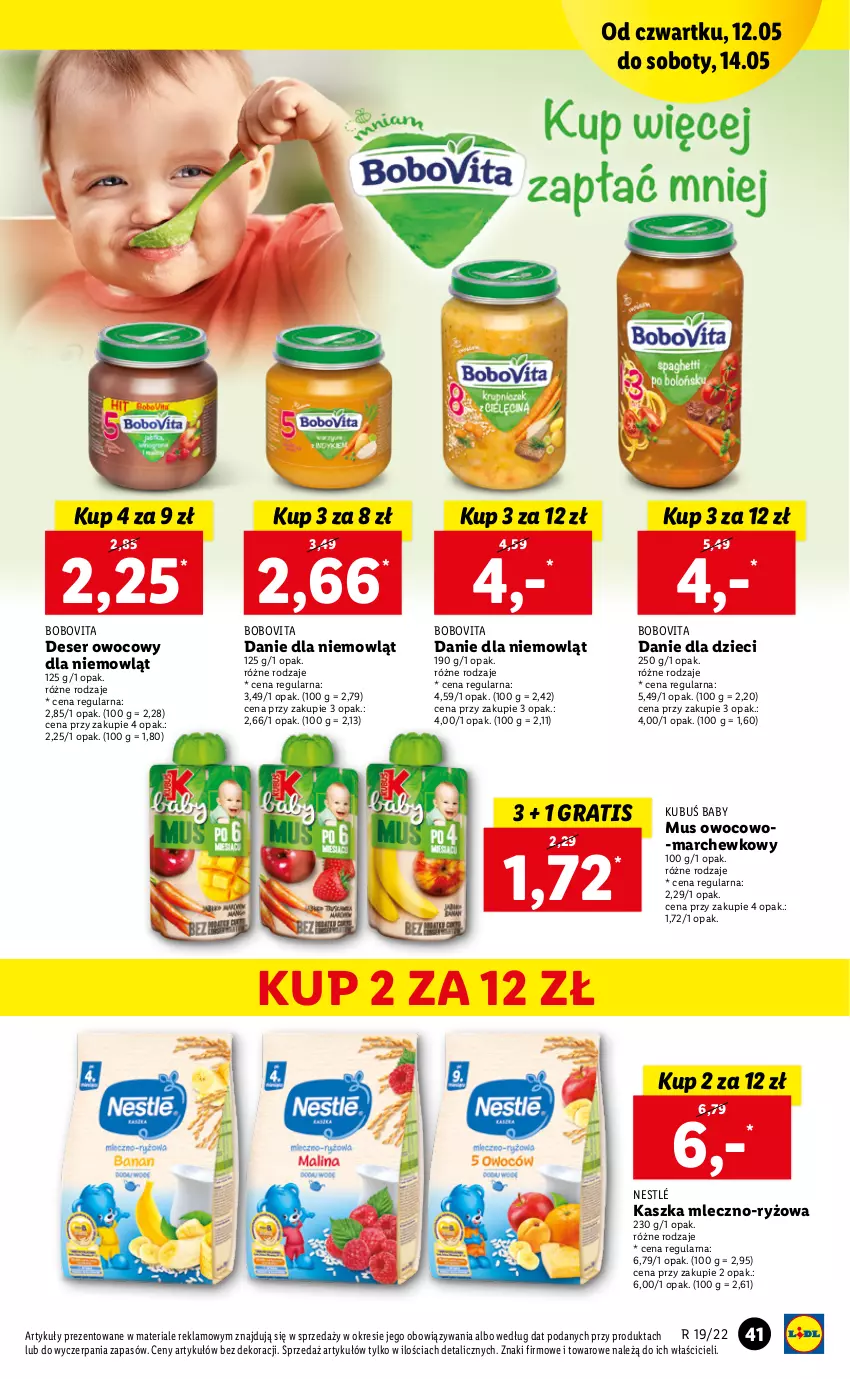 Gazetka promocyjna Lidl - GAZETKA - ważna 12.05 do 14.05.2022 - strona 41 - produkty: BoboVita, Danie dla dzieci, Deser, Deser owocowy, Dzieci, Gra, Kubuś, Mus, Nestlé, Ryż, Ser